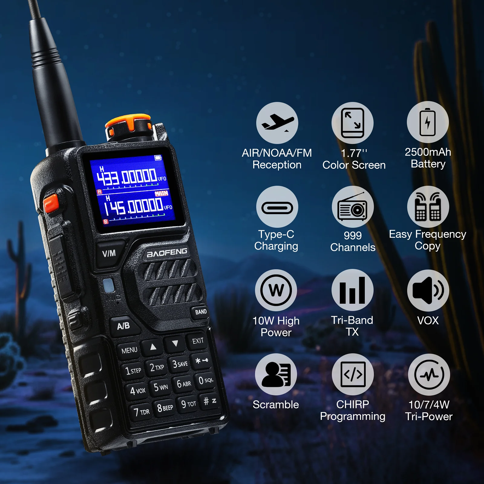 Baofeng K5 Plus Tri-Band Ham Radio | 10W | VHF/UHF/1.25M | Tri-Power | NOAA | 999CH | Frequency Copy| Scramble | 2500mAh Battery - Image 9