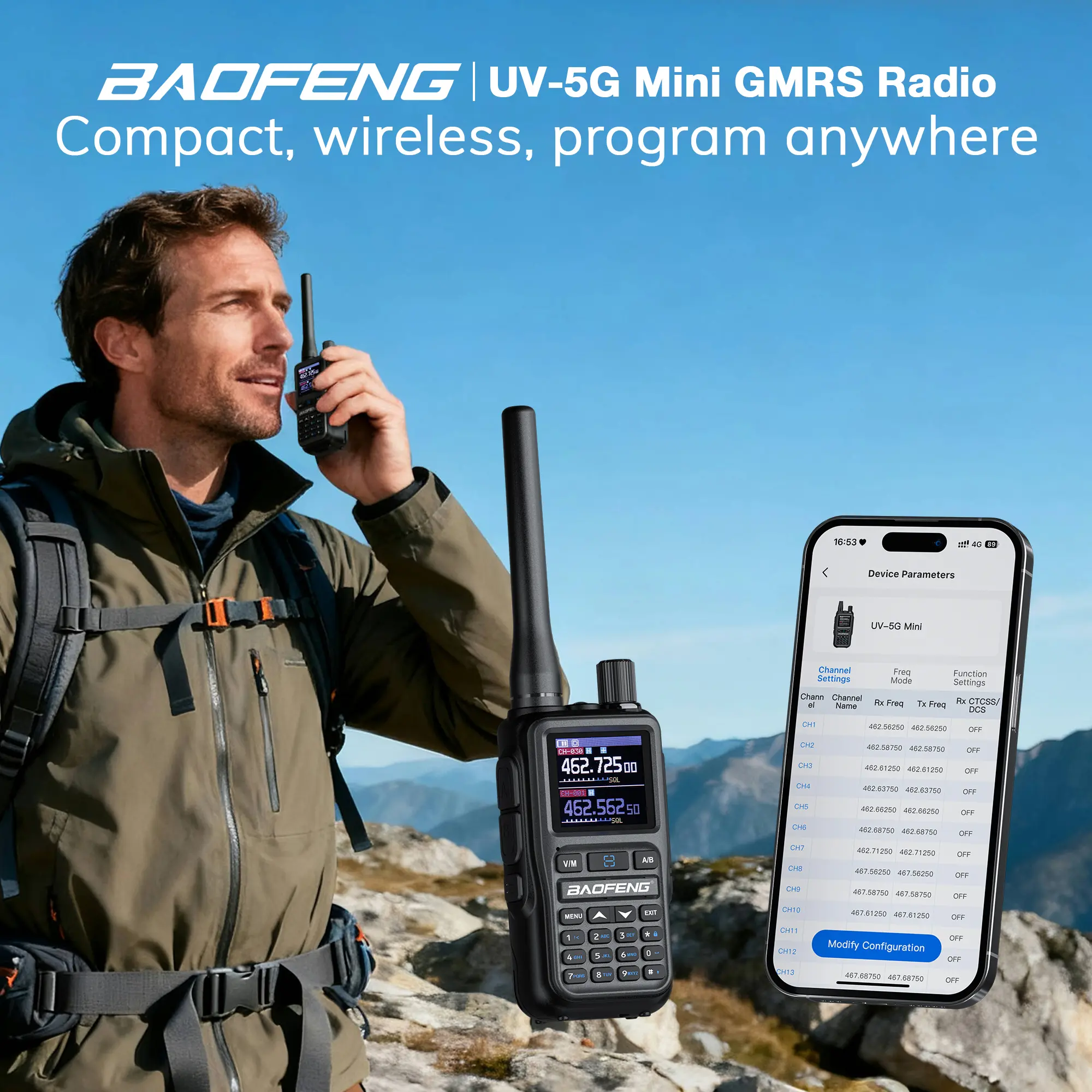 Baofeng UV-5G Mini GMRS Radio | 5W | APP Programming | 1.44 Inch Color Screen | 999CH | NOAA | USB-C Charging - Image 10