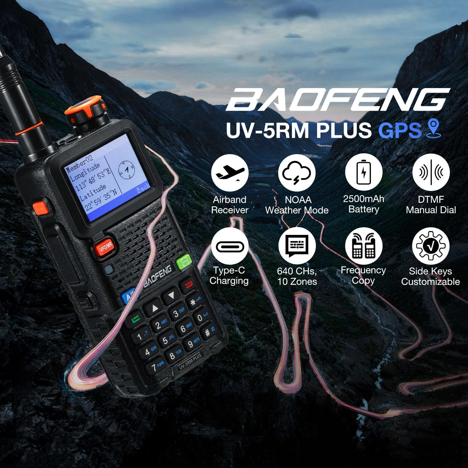 Baofeng UV-5RM Plus GPS Ham Radio Handheld | 10W | 1.77 Inch Color Screen | 640CH 10 Zones | NOAA | 2500mAh Type-C Rechargeable Battery | Group Talk - Image 7