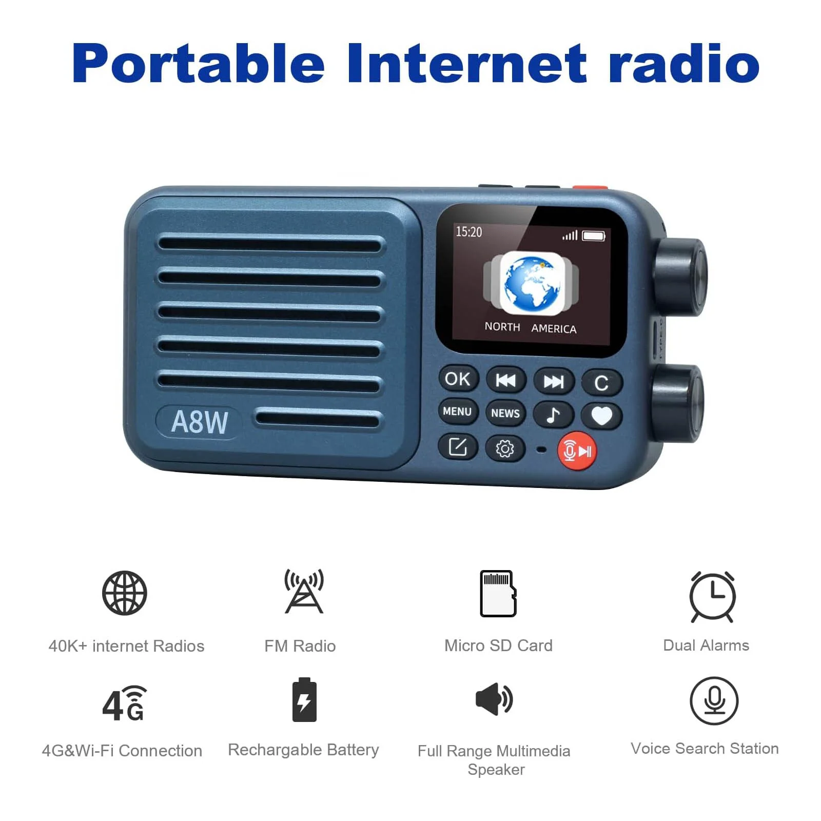 Choyong A8W Internet Radio | Portable Smart WIFI/4G Radio | FM Receiver | 4K+ Pre-stored Stations | 2000mAh Rechargeable Battery | Alarm Clock - Image 2