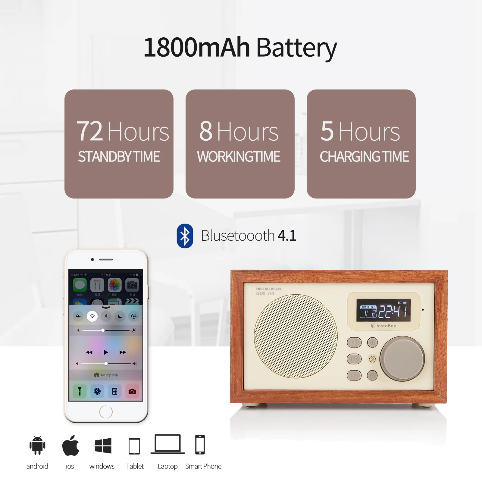 InstaBox i50 Wooden FM Clock Radio & Bluetooth Speaker [DISCONTINUED] - Image 5