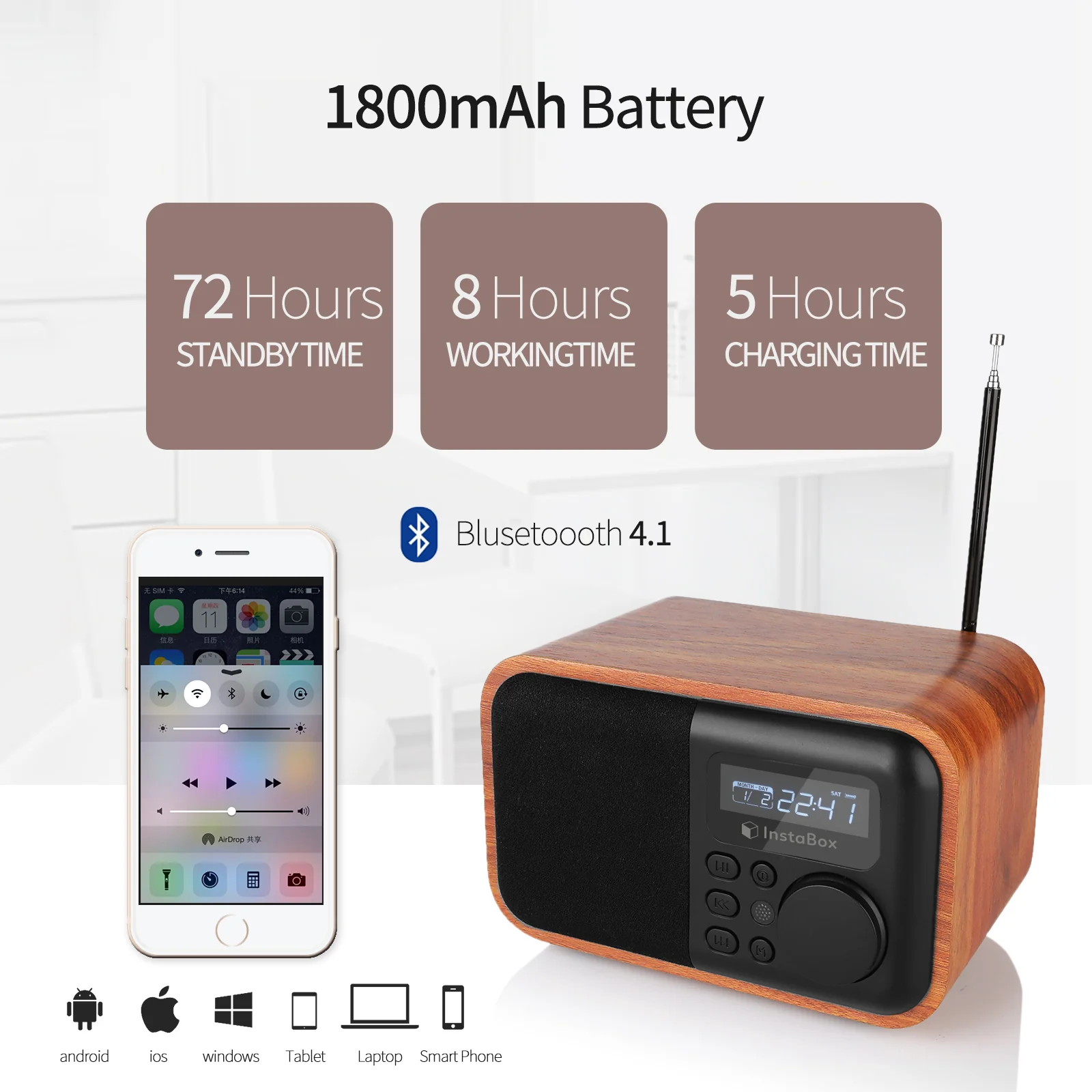 InstaBox i90 Wooden FM Clock Radio & Bluetooth Speaker [DISCONTINUED] - Image 6