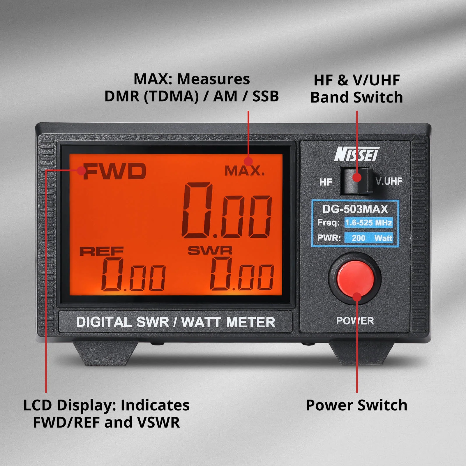 NISSEI DG-503 / DG-503MAX SWR Meter | HF/Dual Band | 3.5" LCD Screen | Max 200W | CW/FM/FDMA/DMR/AM/SSB - Image 4