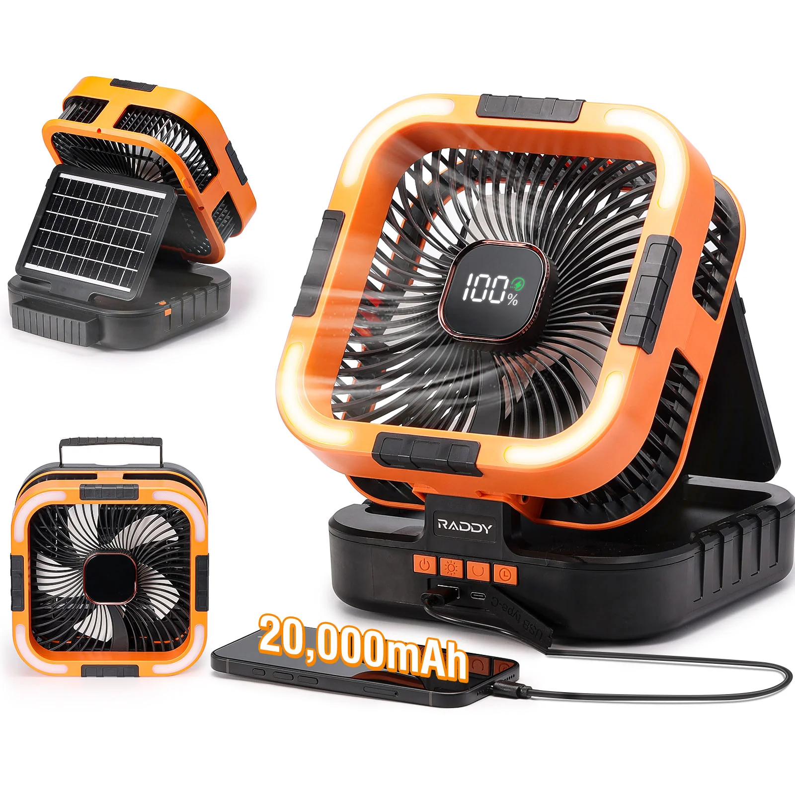Raddy CF3 Camping Fan | 3W Solar Panel | Rechargeable 20,000mAh Battery | LED Light | 6 Speeds| 90° Oscillating | USB Charging