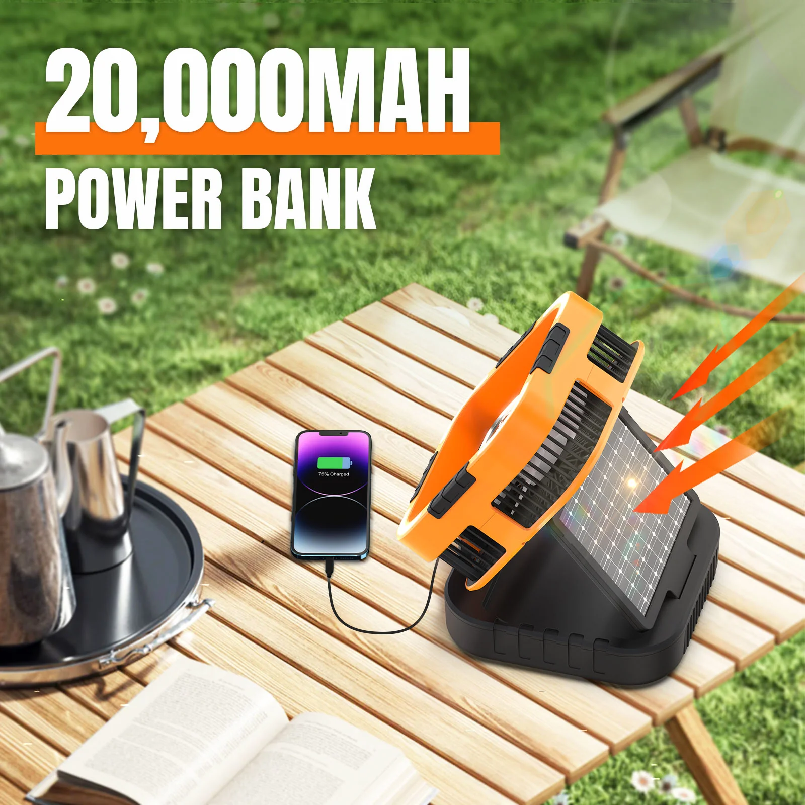 Raddy CF3 Camping Fan | 3W Solar Panel | Rechargeable 20,000mAh Battery | LED Light | 6 Speeds| 90° Oscillating | USB Charging - Image 2