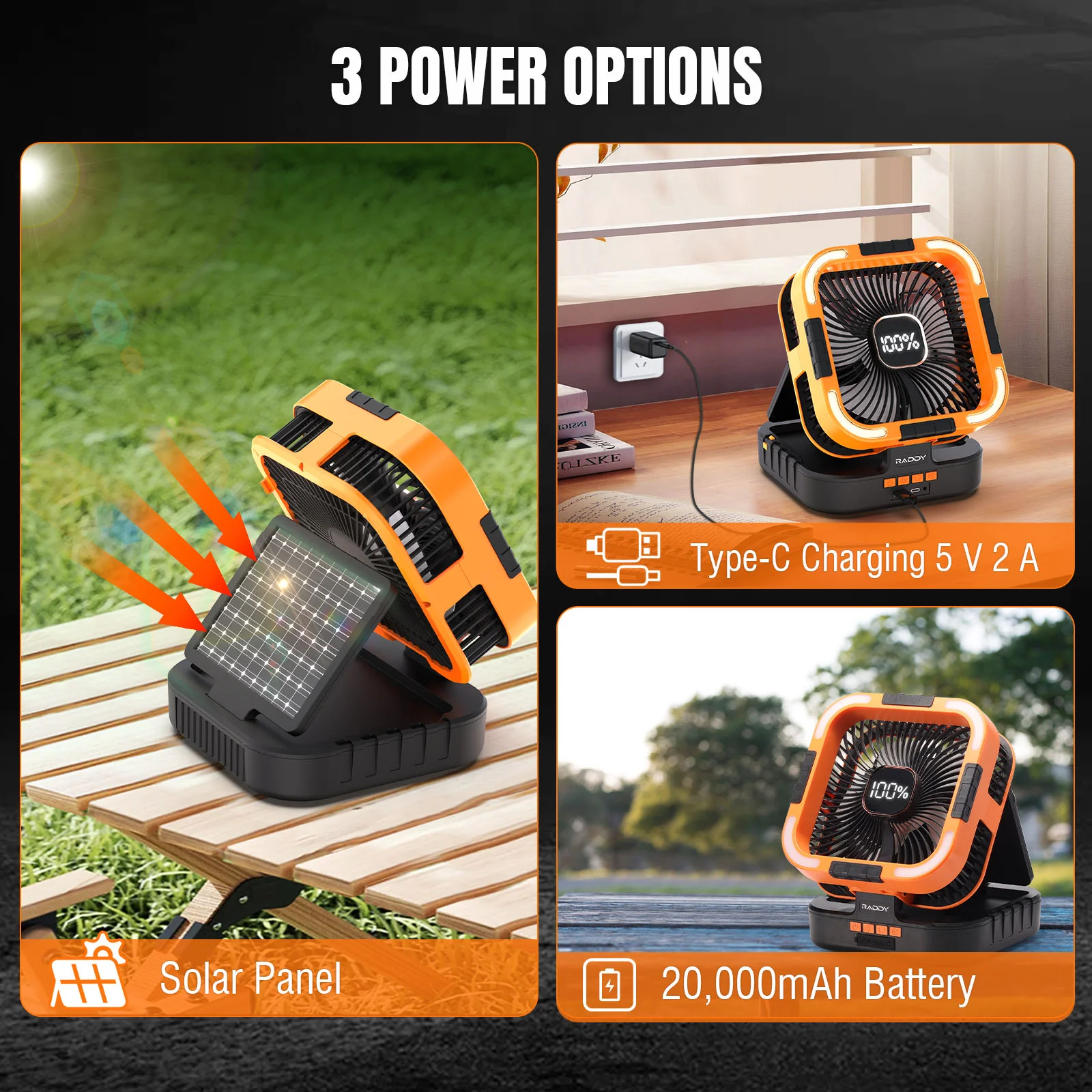 Raddy CF3 Camping Fan | 3W Solar Panel | Rechargeable 20,000mAh Battery | LED Light | 6 Speeds| 90° Oscillating | USB Charging - Image 5