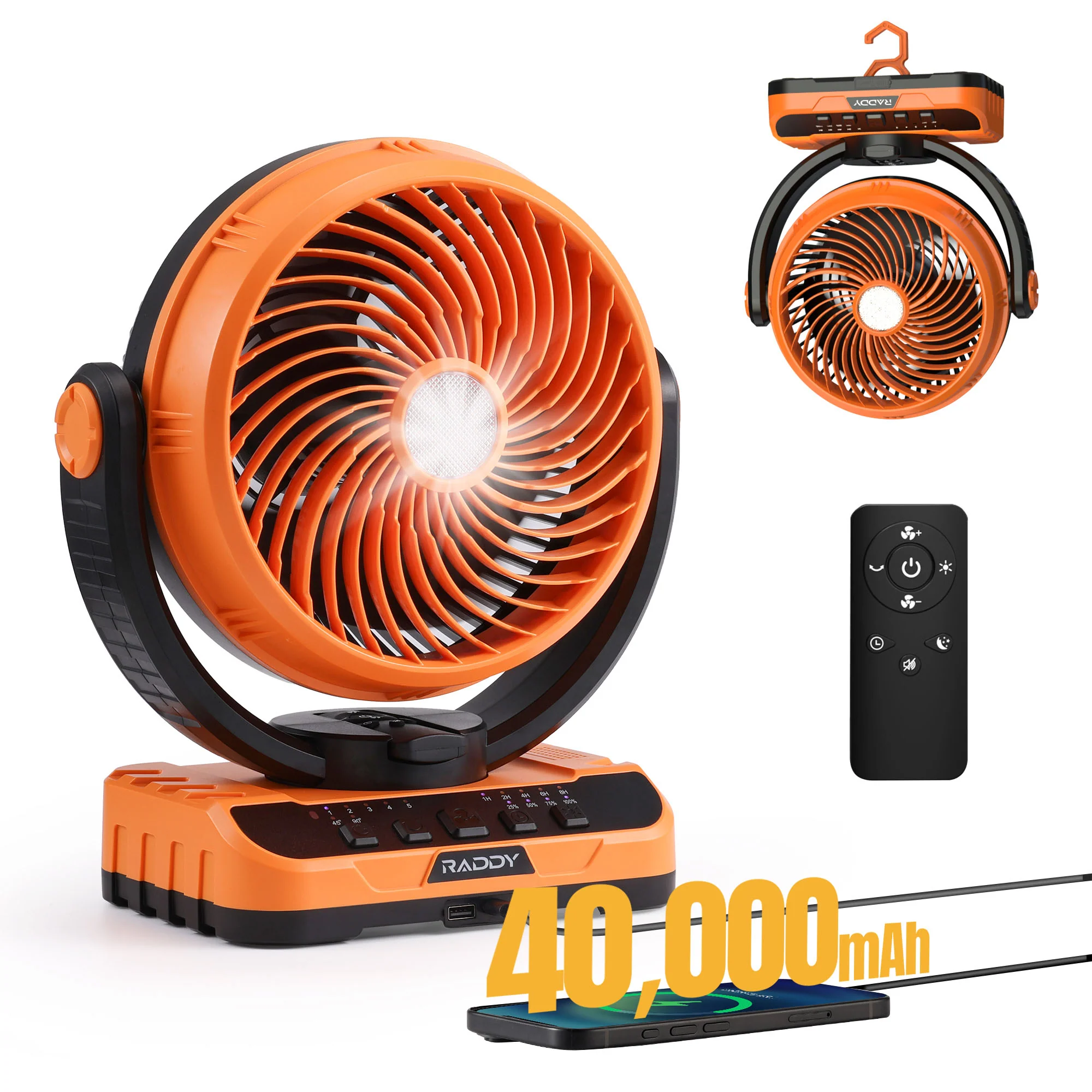Raddy CF5 Rechargeable Camping Fan | 40,000mAh Battery | LED Light & Remote | 5 Speeds | Auto Oscillation | USB-C Charging| 3 Light Modes