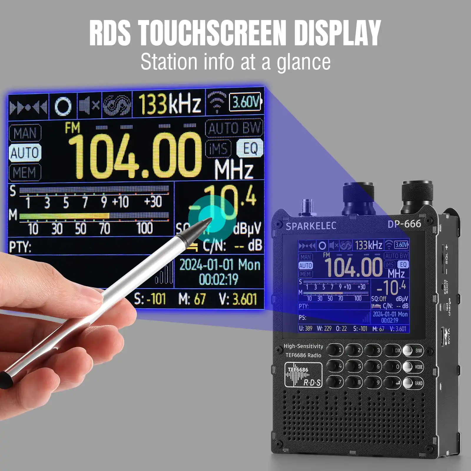 Raddy DP-666 Full Band DSP Radio | TEF6686 Chip | AM/FM /LW/MW/SW RDS Receiver | 2.8" Touchscreen | 5000mAh Battery | Telescopic & Donut Antenna | Firmware Upgradable - Image 6
