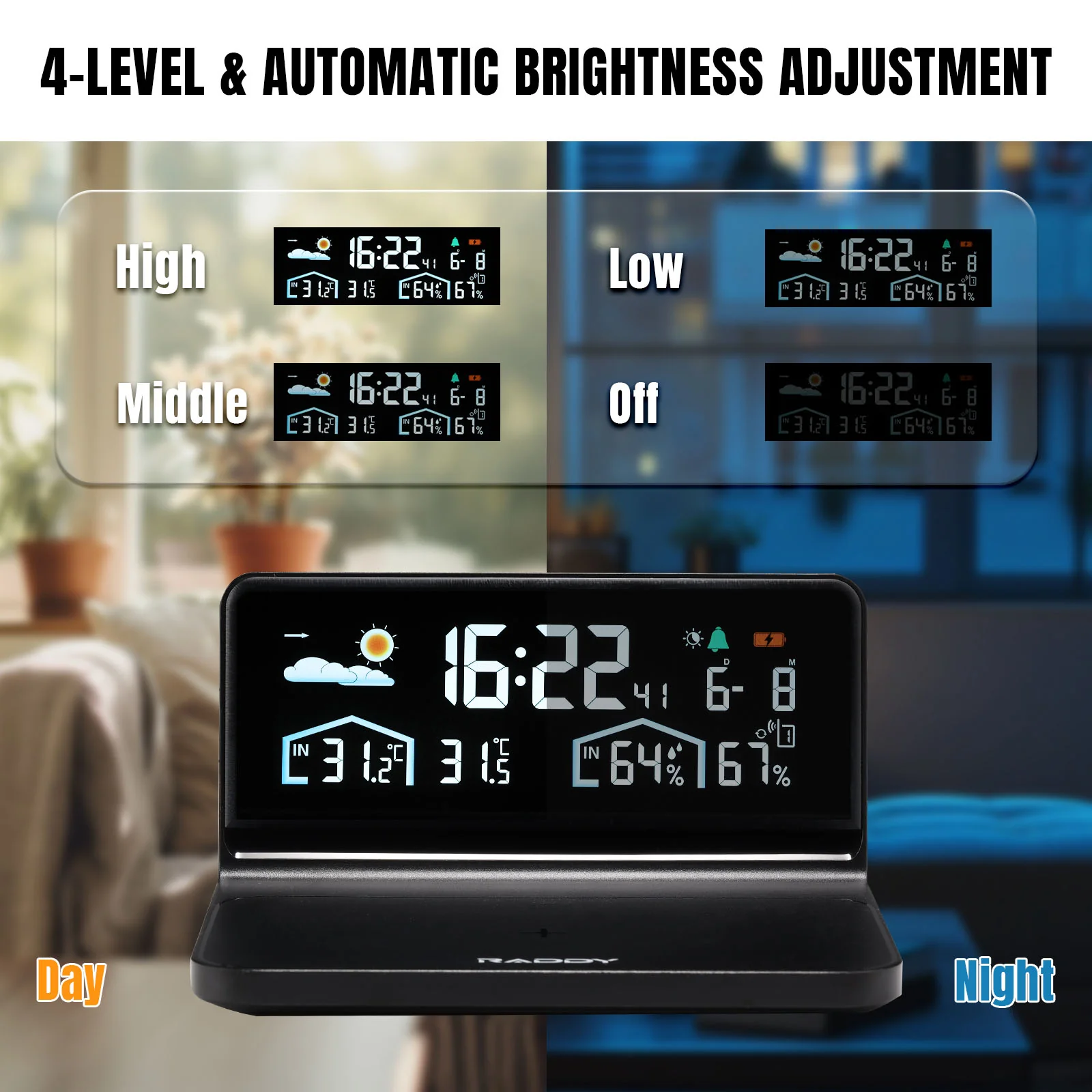 Raddy DT5-W Weather Station | 15W QI Wireless Charging | Wireless Thermometer | Color Display | Alarm & Snooze | Weather Forecast | Adjustable Backlight - Image 3