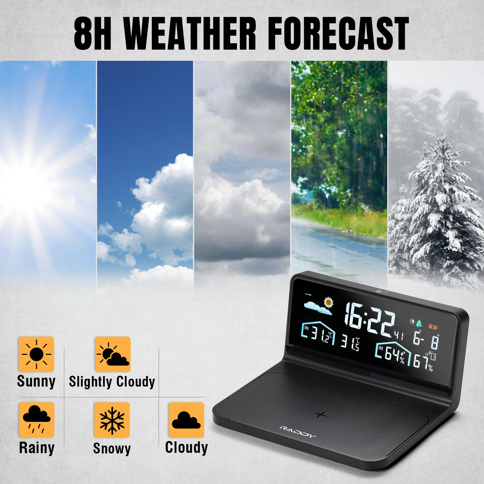 Raddy DT5-W Weather Station | 15W QI Wireless Charging | Wireless Thermometer | Color Display | Alarm & Snooze | Weather Forecast | Adjustable Backlight - Image 4