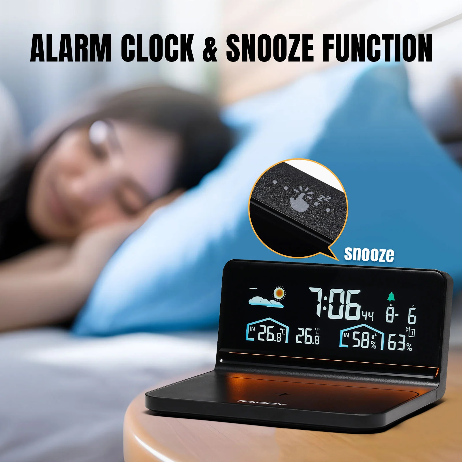 Raddy DT5-W Weather Station | 15W QI Wireless Charging | Wireless Thermometer | Color Display | Alarm & Snooze | Weather Forecast | Adjustable Backlight - Image 5