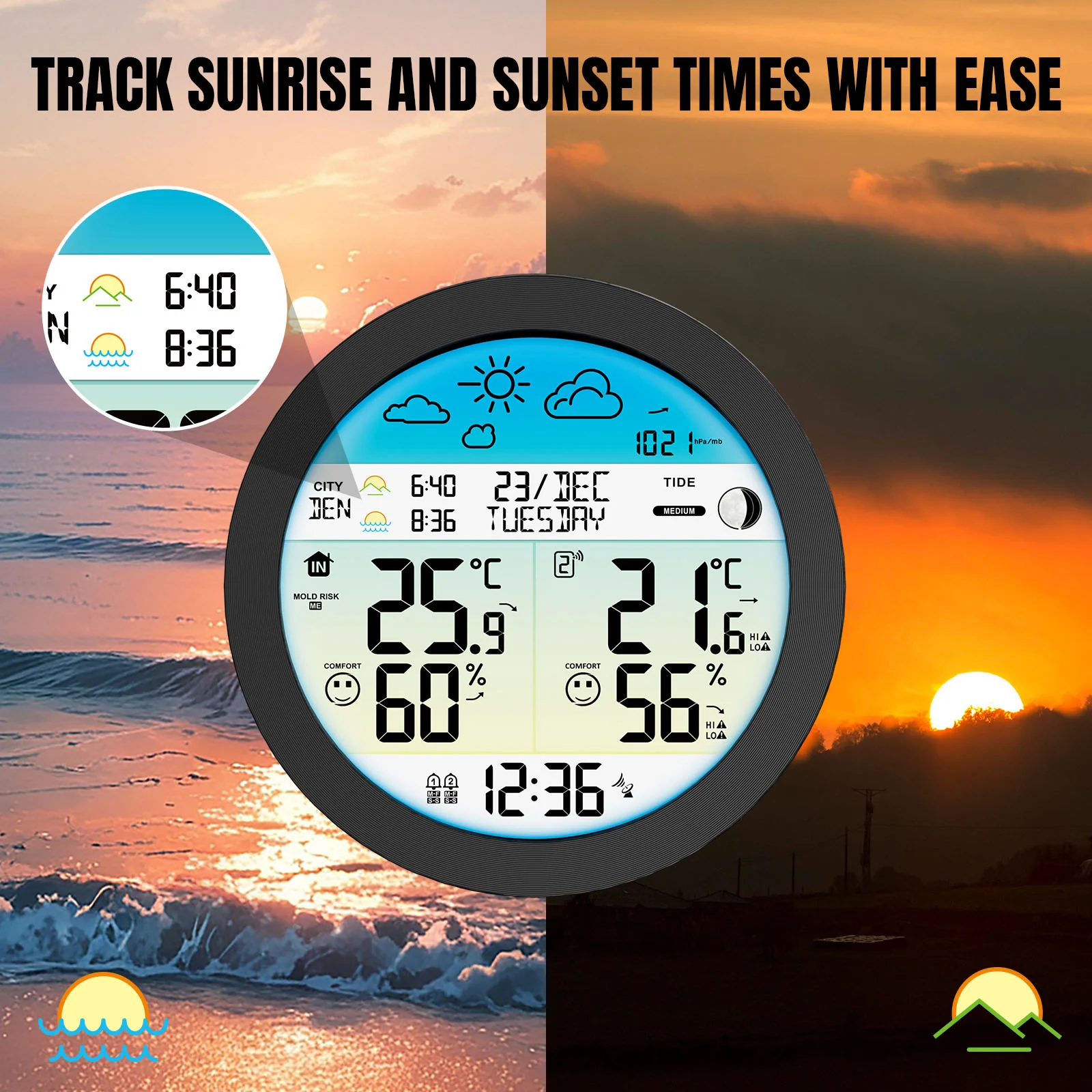 Raddy DT7 Weather Station | Large HTN Color Display | Atomic Clock | Sunset/Sunrise Time | Weather Forecast | Alerts - Image 7