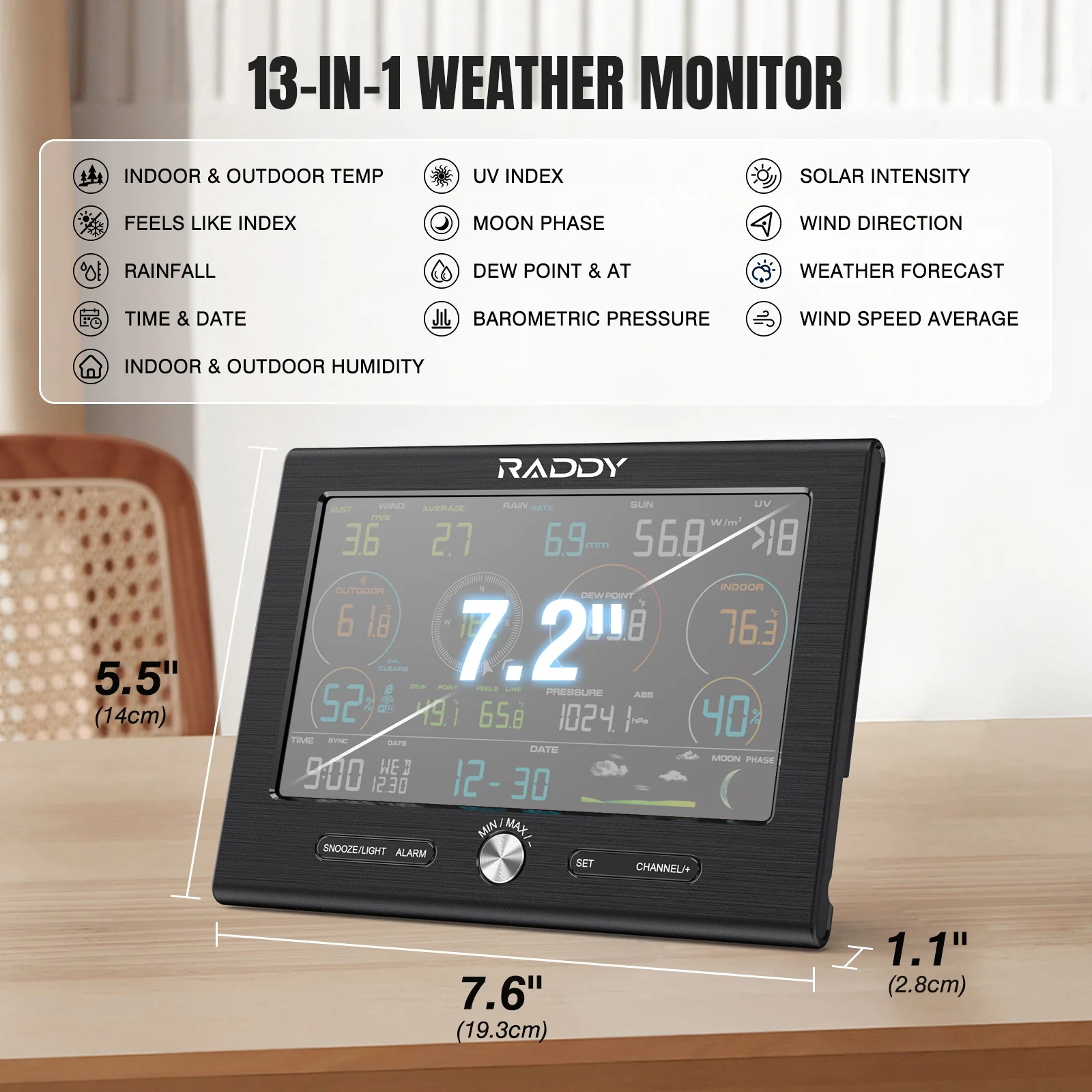 Raddy L7 LoRa Weather Station | Wi-Fi Indoor/Outdoor | 1.9 Miles | 7.2" Display | Rain Gauge | Thermometer | Humidity Sensor - Image 3
