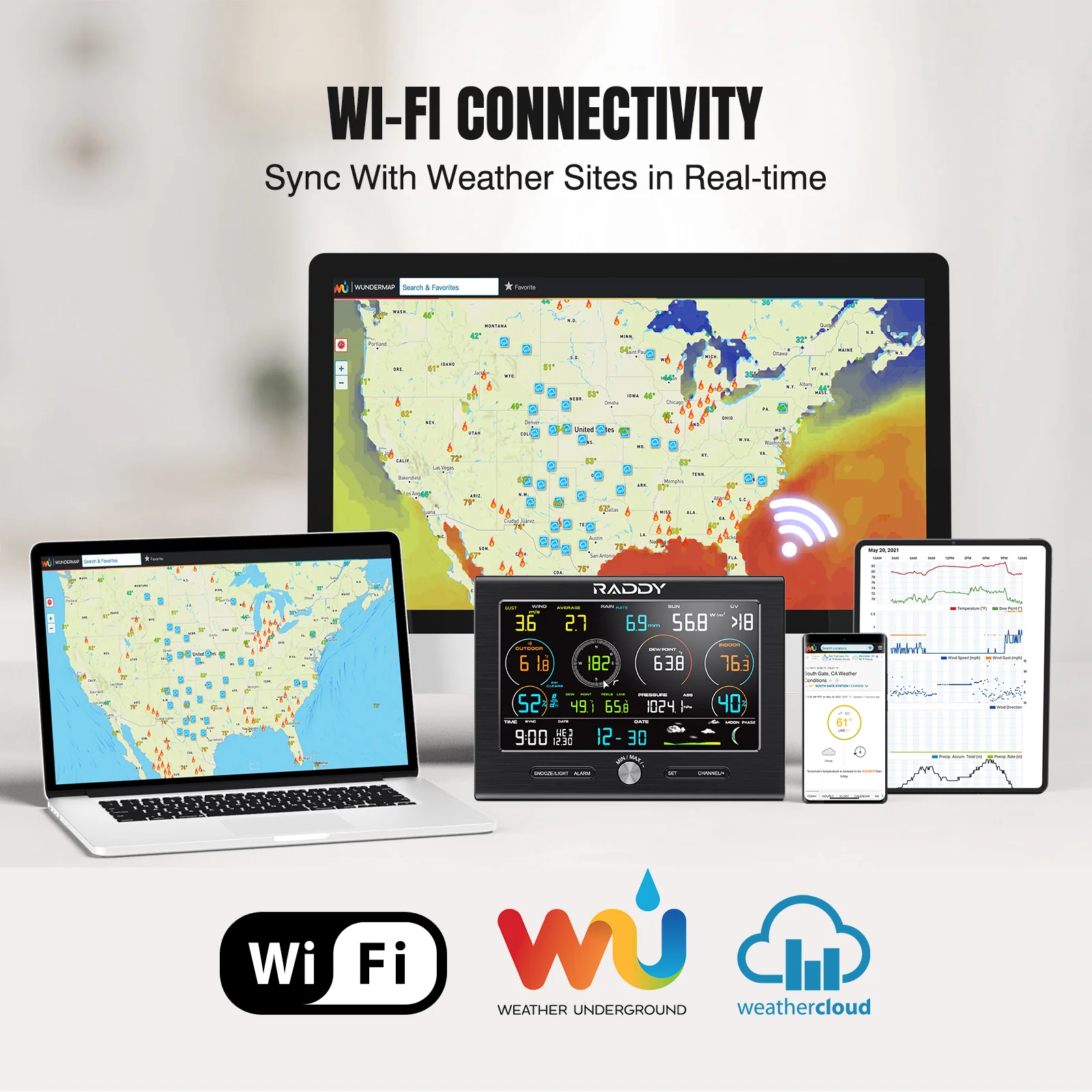 Raddy L7 LoRa Weather Station | Wi-Fi Indoor/Outdoor | 1.9 Miles | 7.2" Display | Rain Gauge | Thermometer | Humidity Sensor - Image 6