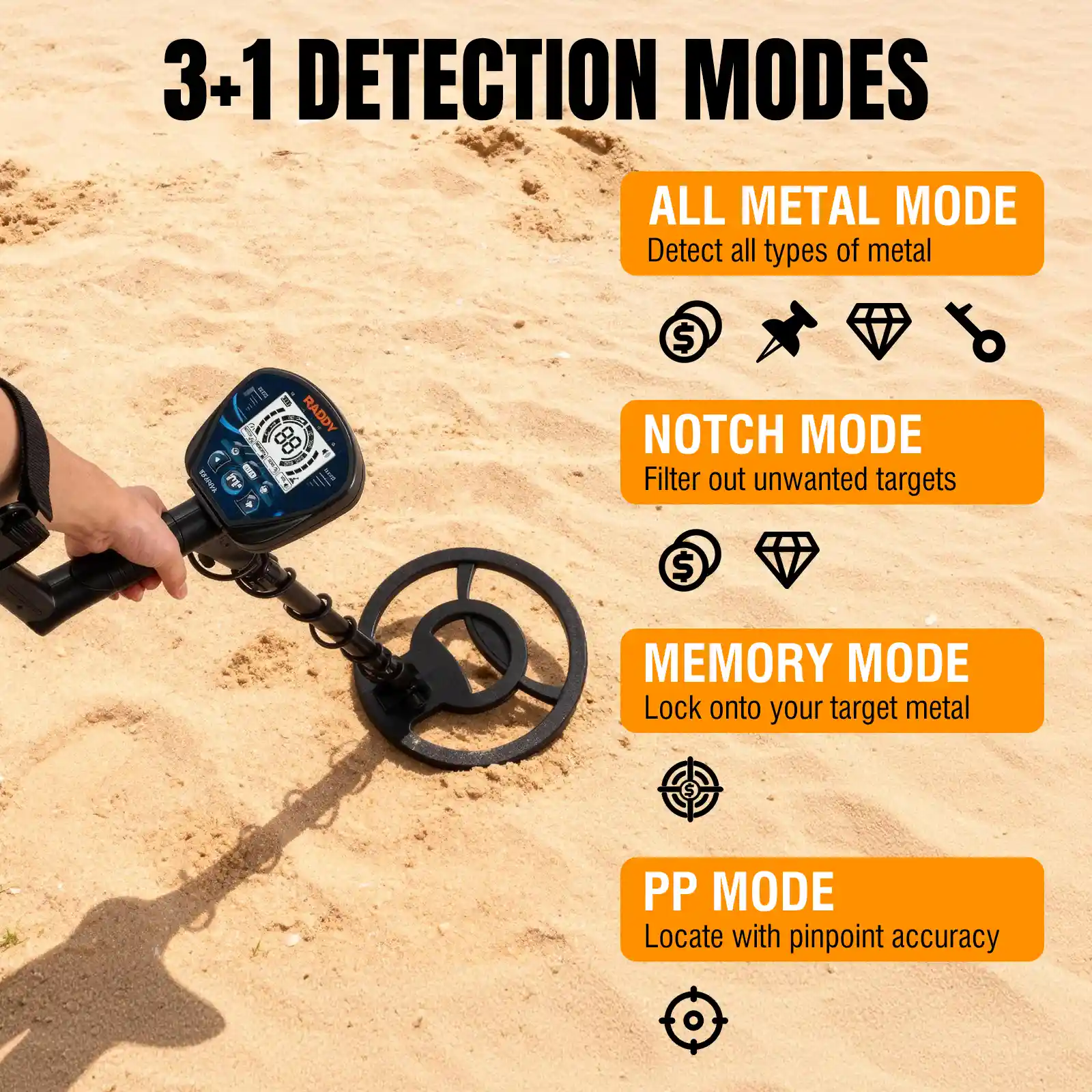 Raddy MD120A Professional Adult Metal Detector | 10" IPX7 Waterproof Search Coil | LCD Backlit Display | High Accuracy Gold  Metal Detectors with 4 Modes - Image 5
