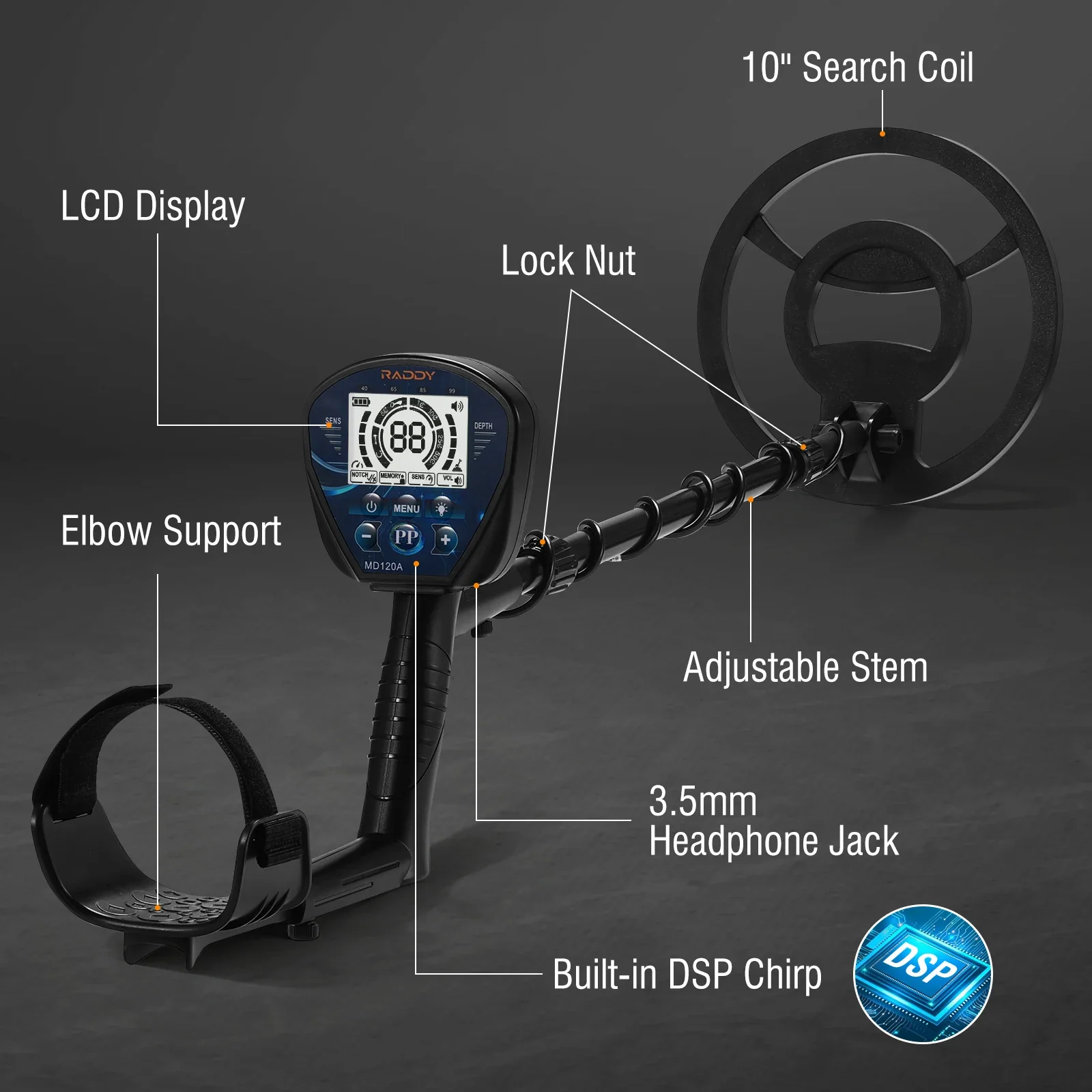 Raddy MD120A Professional Adult Metal Detector | 10" IPX7 Waterproof Search Coil | LCD Backlit Display | High Accuracy Gold  Metal Detectors with 4 Modes - Image 6