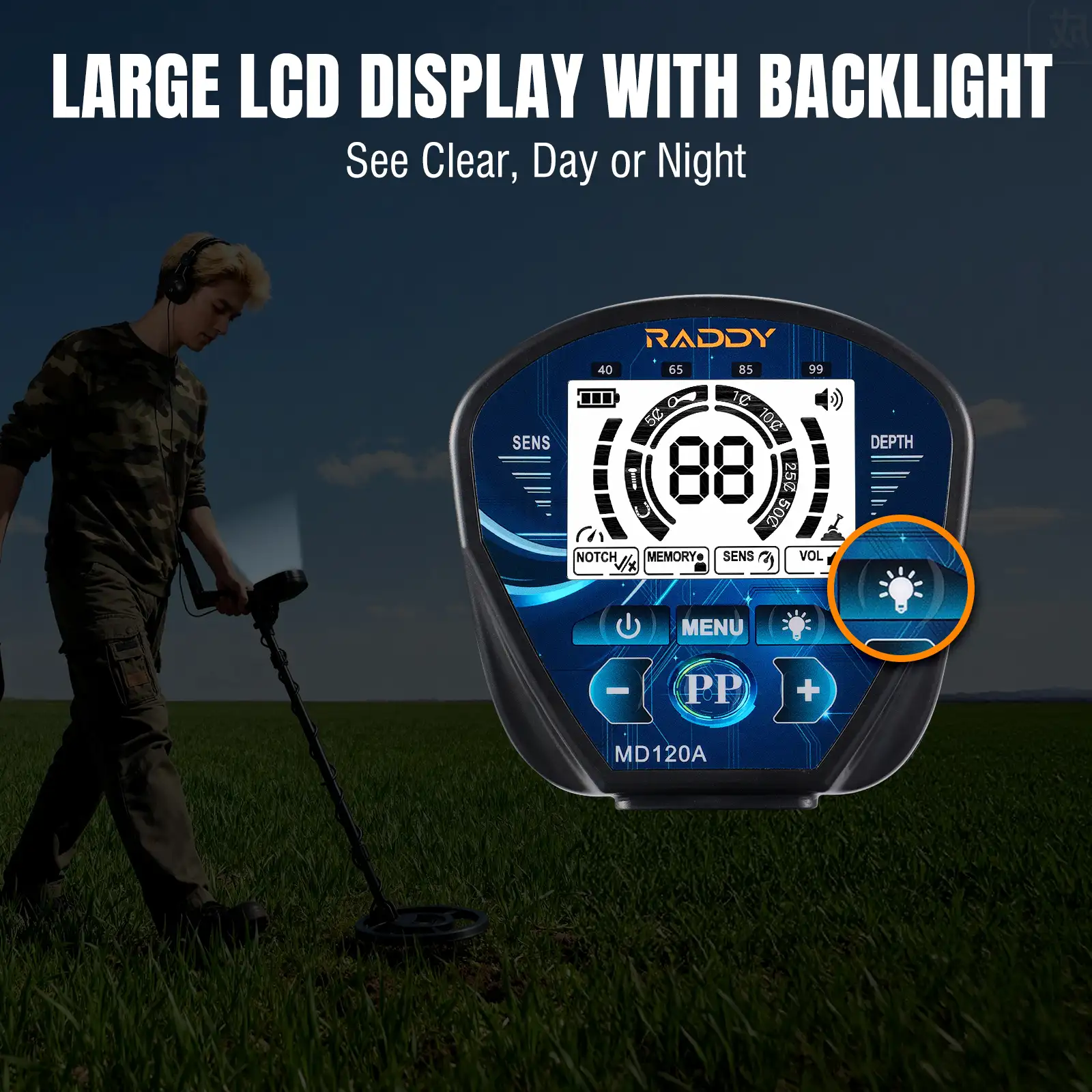 Raddy MD120A Professional Adult Metal Detector | 10" IPX7 Waterproof Search Coil | LCD Backlit Display | High Accuracy Gold  Metal Detectors with 4 Modes - Image 9
