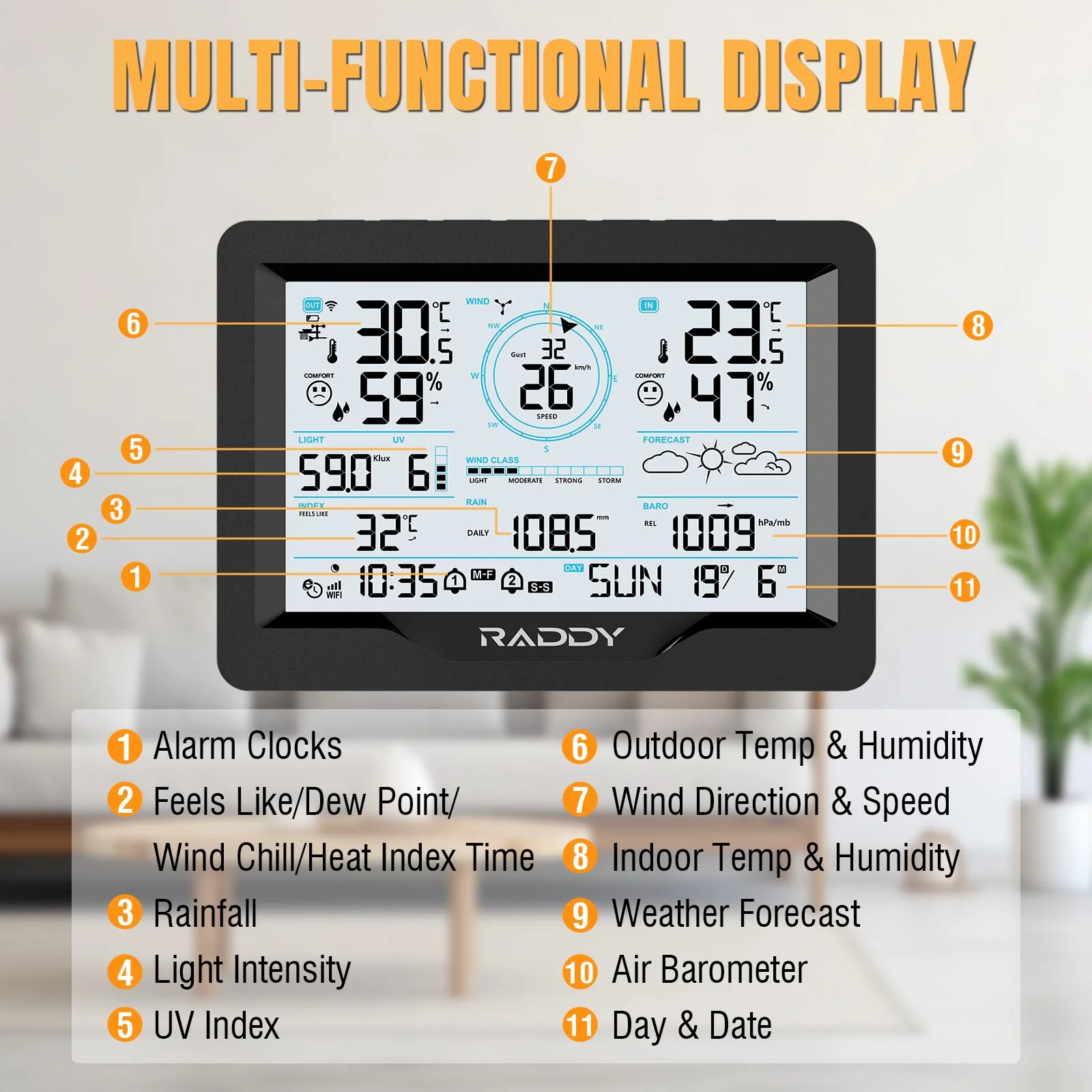 Raddy MN6 Wi-Fi Weather Station | 15-in-1 Wireless Weather Station| Weather Forecast | Adjustable Backlight - Image 3