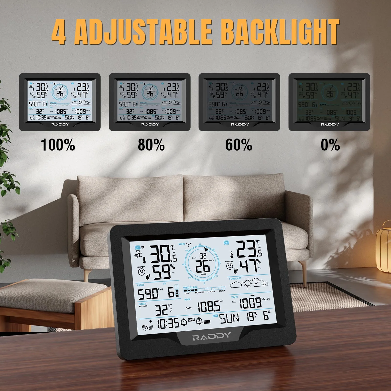 Raddy MN6 Wi-Fi Weather Station | 15-in-1 Wireless Weather Station| Weather Forecast | Adjustable Backlight - Image 4