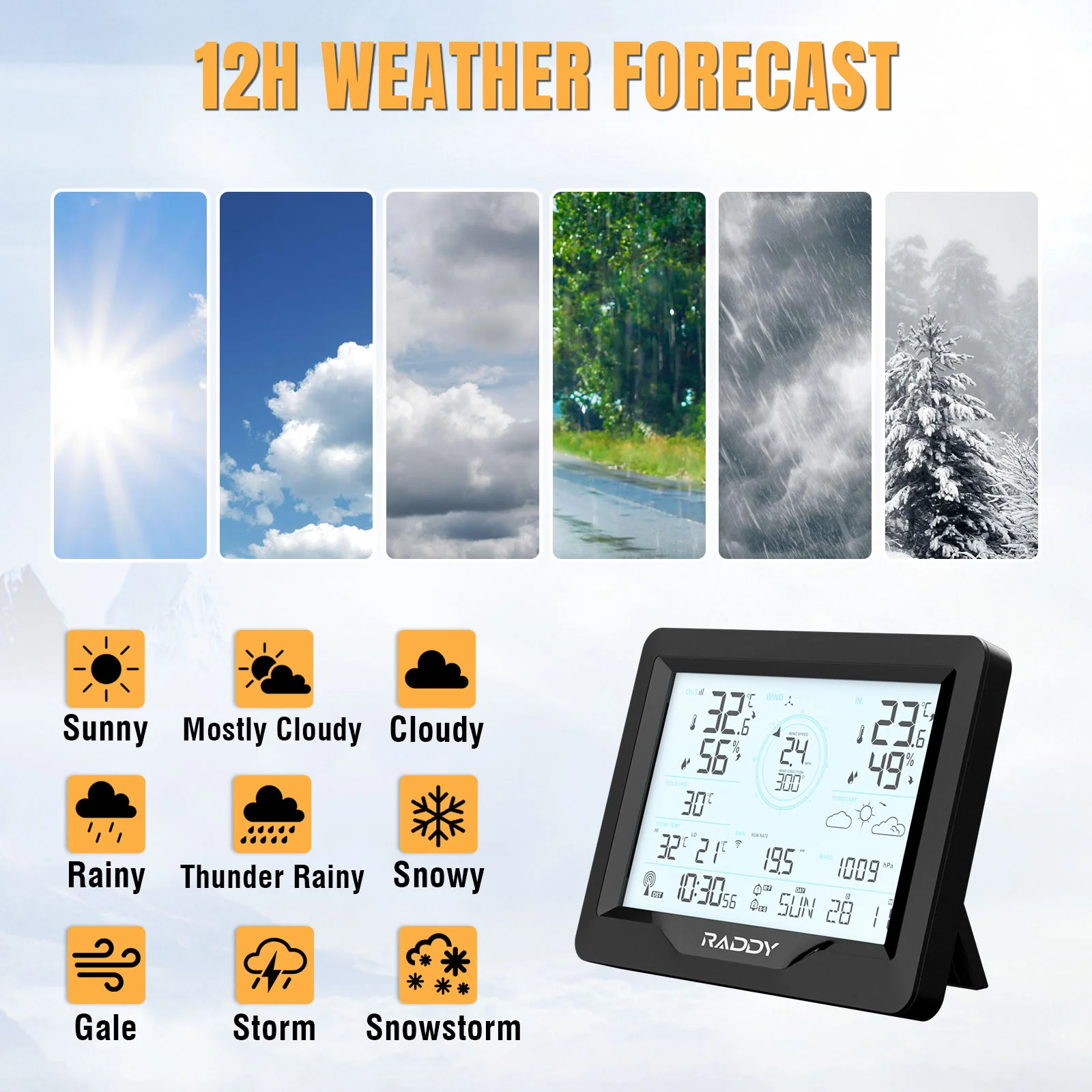 Raddy MN6 Lite Weather Station | 5-in-1 Wireless Indoor Outdoor Thermometer | Barometric Pressure | DCF Atomic Clock | Weather Forecast - Image 5