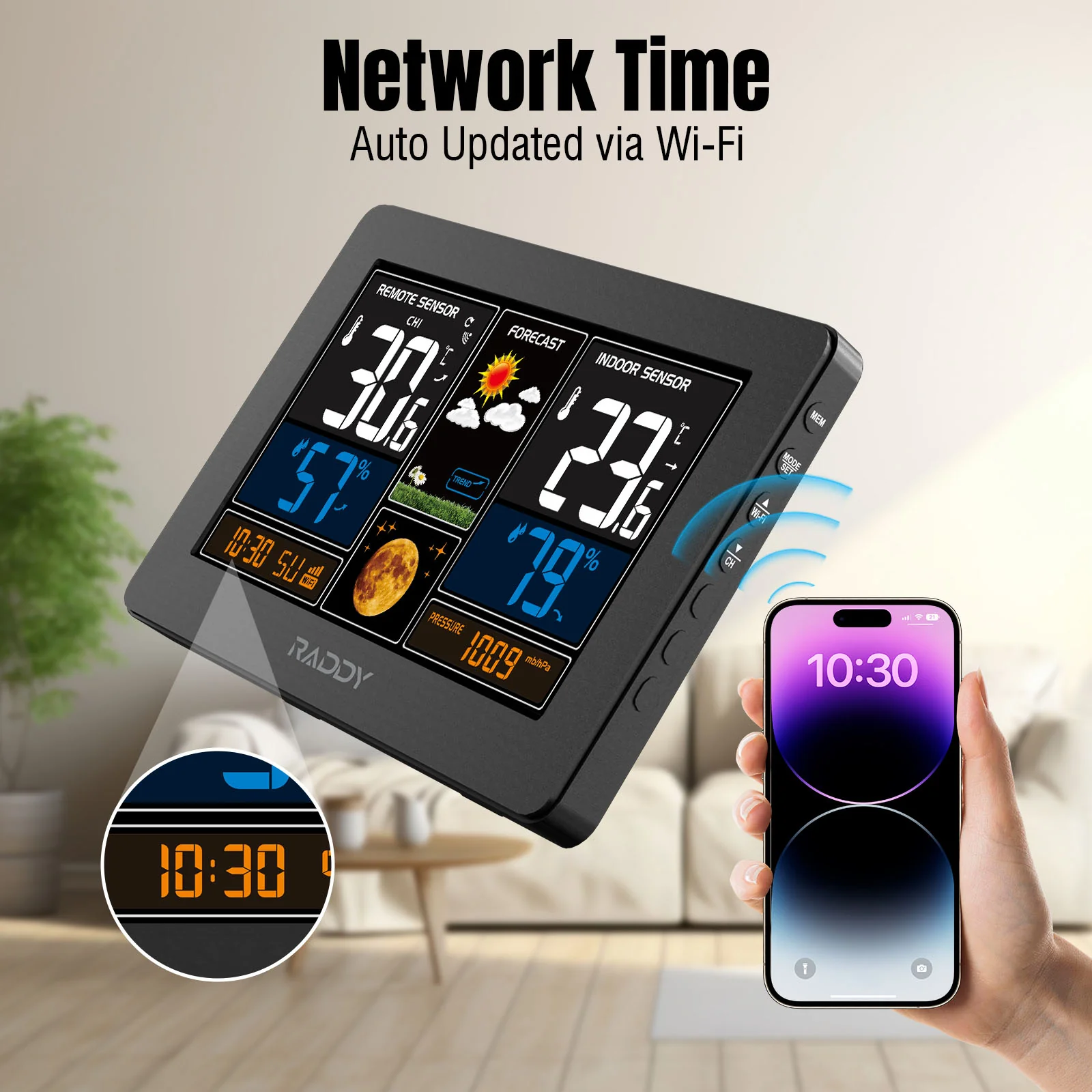 Raddy N75 Wi-Fi Weather Station | APP Control | 7.5" LCD Screen | Network Time | Weather Forecast | Frost Alert | Adjustable Brightness - Image 2