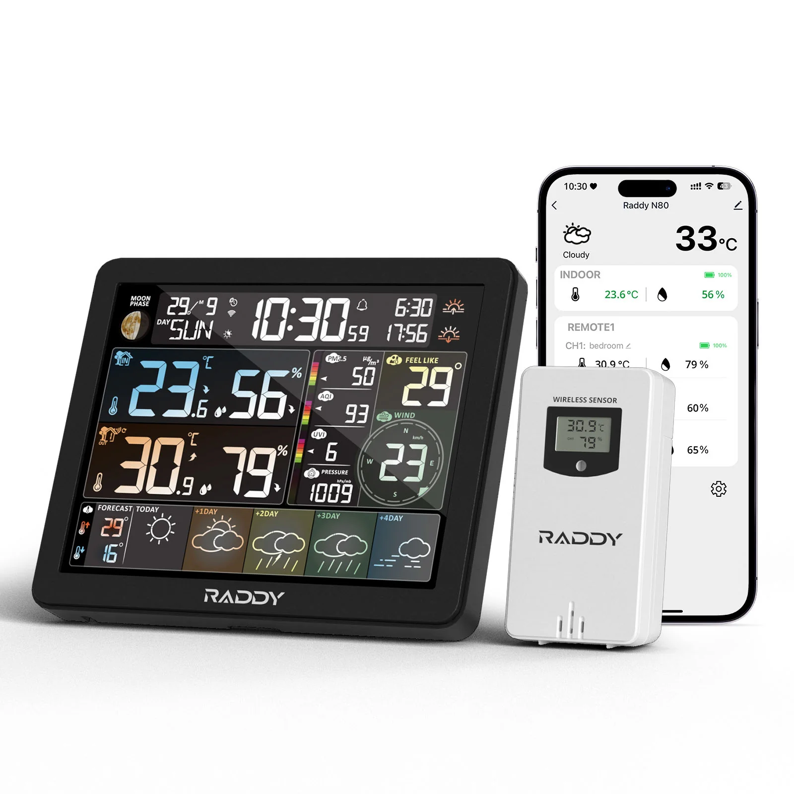 Raddy N80 Smart Wi-Fi Weather Station | APP Control | 8”Large Display | Sunset/Sunrise Time | PM2.5/AQI/UV Index | Customized Alarm Clocks
