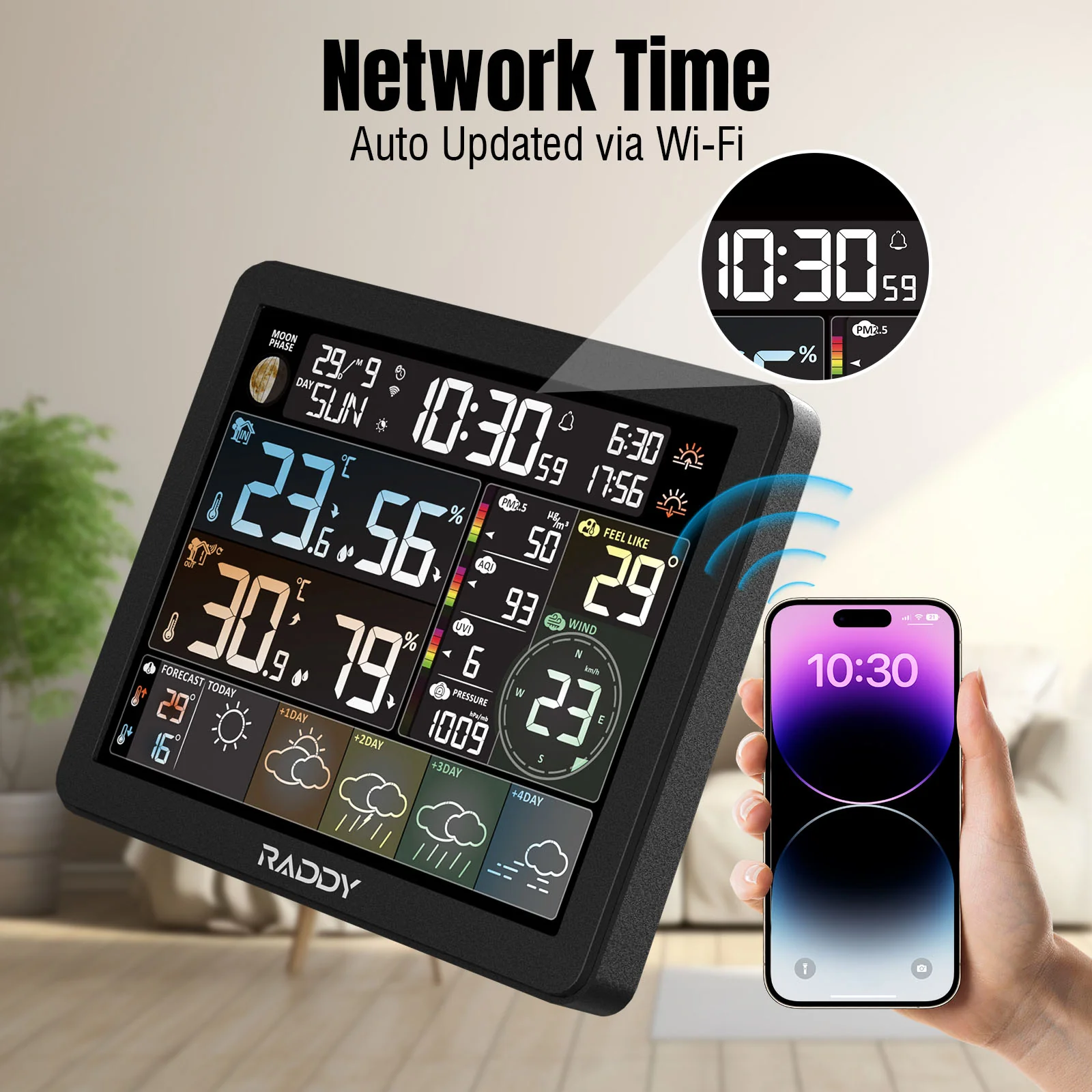 Raddy N80 Smart Wi-Fi Weather Station | APP Control | 8”Large Display | Sunset/Sunrise Time | PM2.5/AQI/UV Index | Customized Alarm Clocks - Image 11