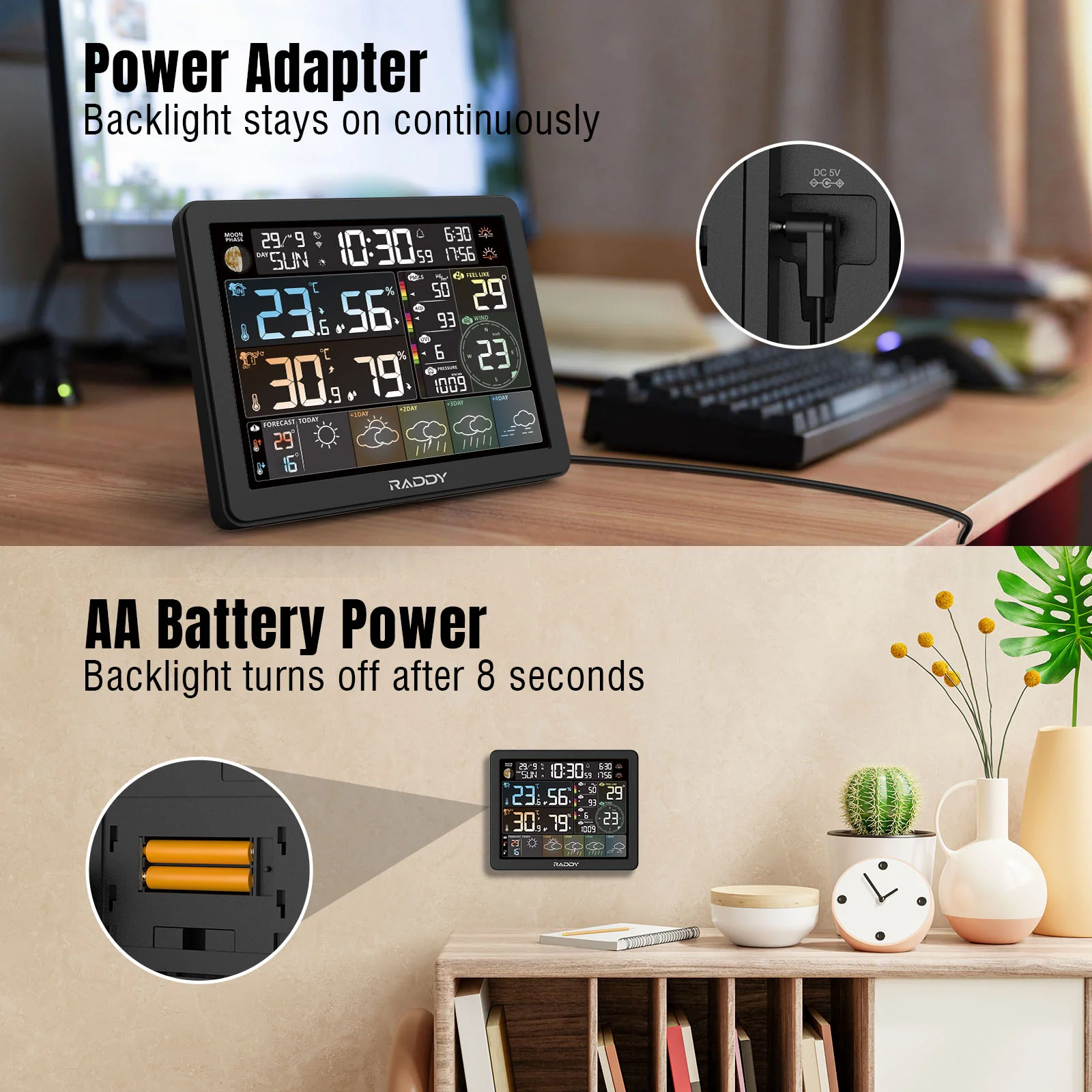 Raddy N80 Smart Wi-Fi Weather Station | APP Control | 8”Large Display | Sunset/Sunrise Time | PM2.5/AQI/UV Index | Customized Alarm Clocks - Image 12