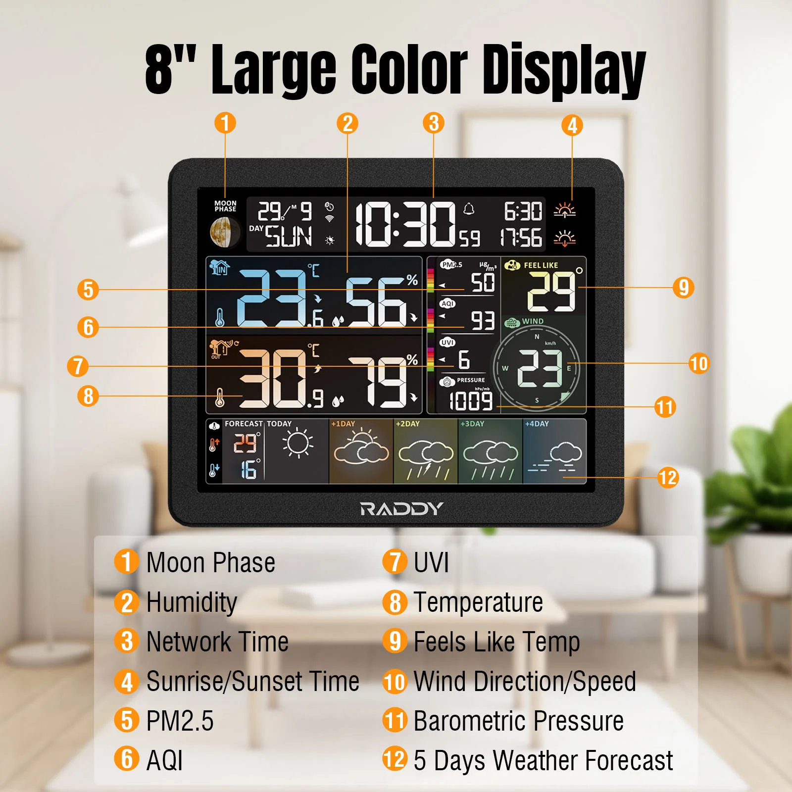 Raddy N80 Smart Wi-Fi Weather Station | APP Control | 8”Large Display | Sunset/Sunrise Time | PM2.5/AQI/UV Index | Customized Alarm Clocks - Image 13