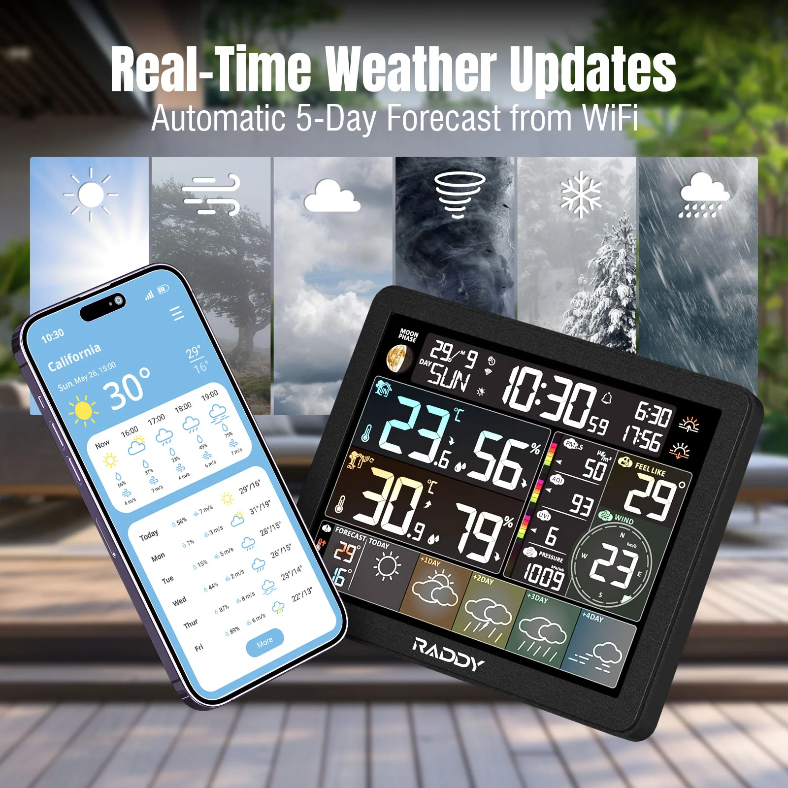 Raddy N80 Smart Wi-Fi Weather Station | APP Control | 8”Large Display | Sunset/Sunrise Time | PM2.5/AQI/UV Index | Customized Alarm Clocks - Image 3