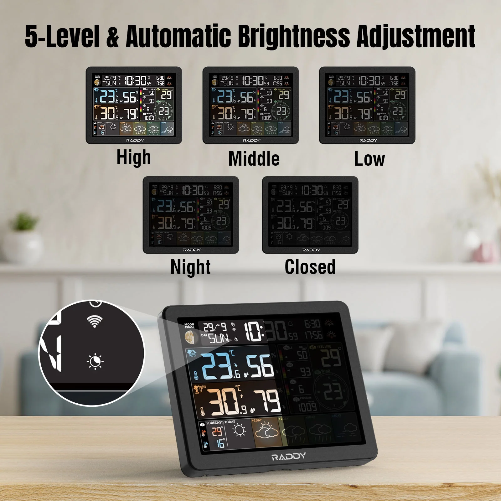 Raddy N80 Smart Wi-Fi Weather Station | APP Control | 8”Large Display | Sunset/Sunrise Time | PM2.5/AQI/UV Index | Customized Alarm Clocks - Image 4