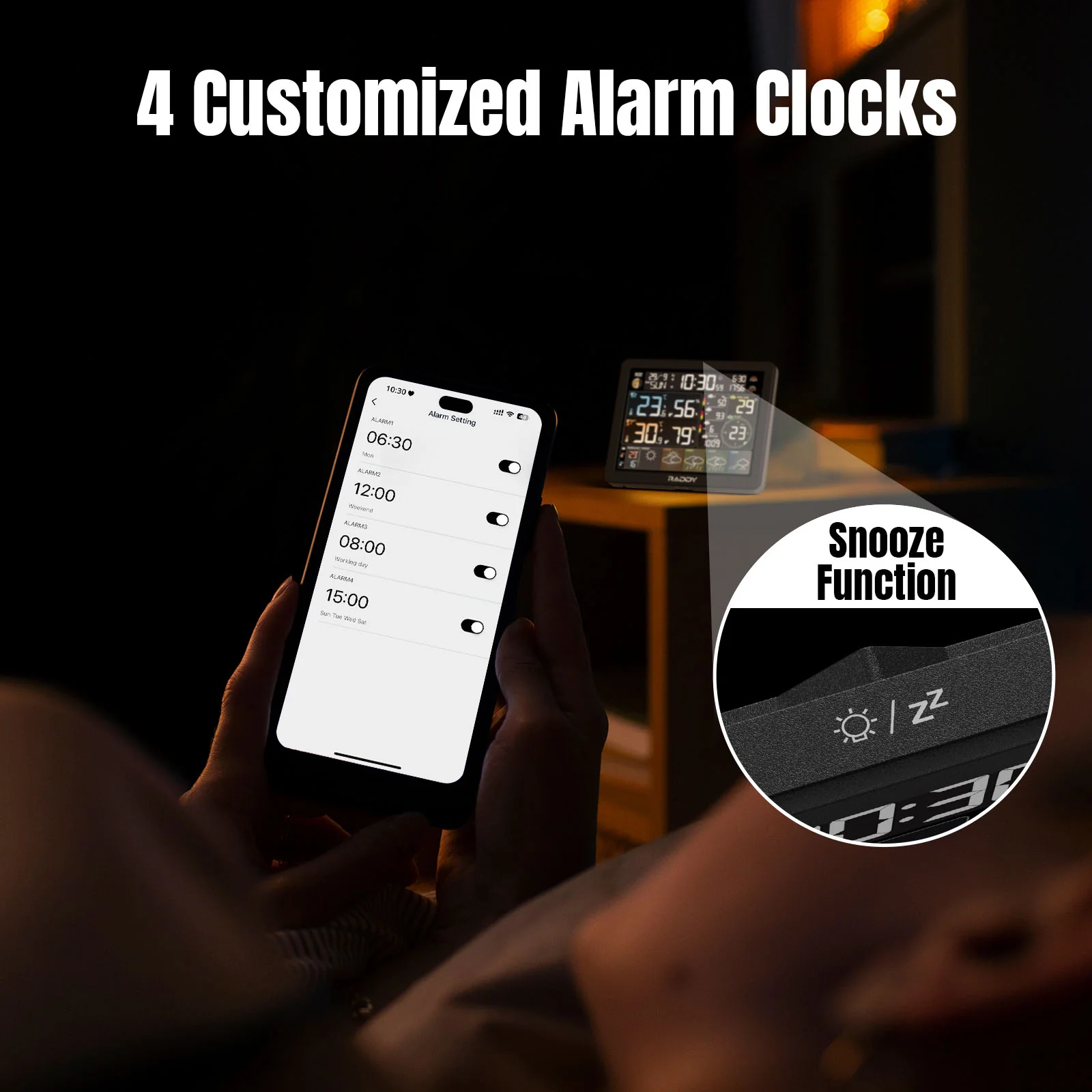 Raddy N80 Smart Wi-Fi Weather Station | APP Control | 8”Large Display | Sunset/Sunrise Time | PM2.5/AQI/UV Index | Customized Alarm Clocks - Image 5