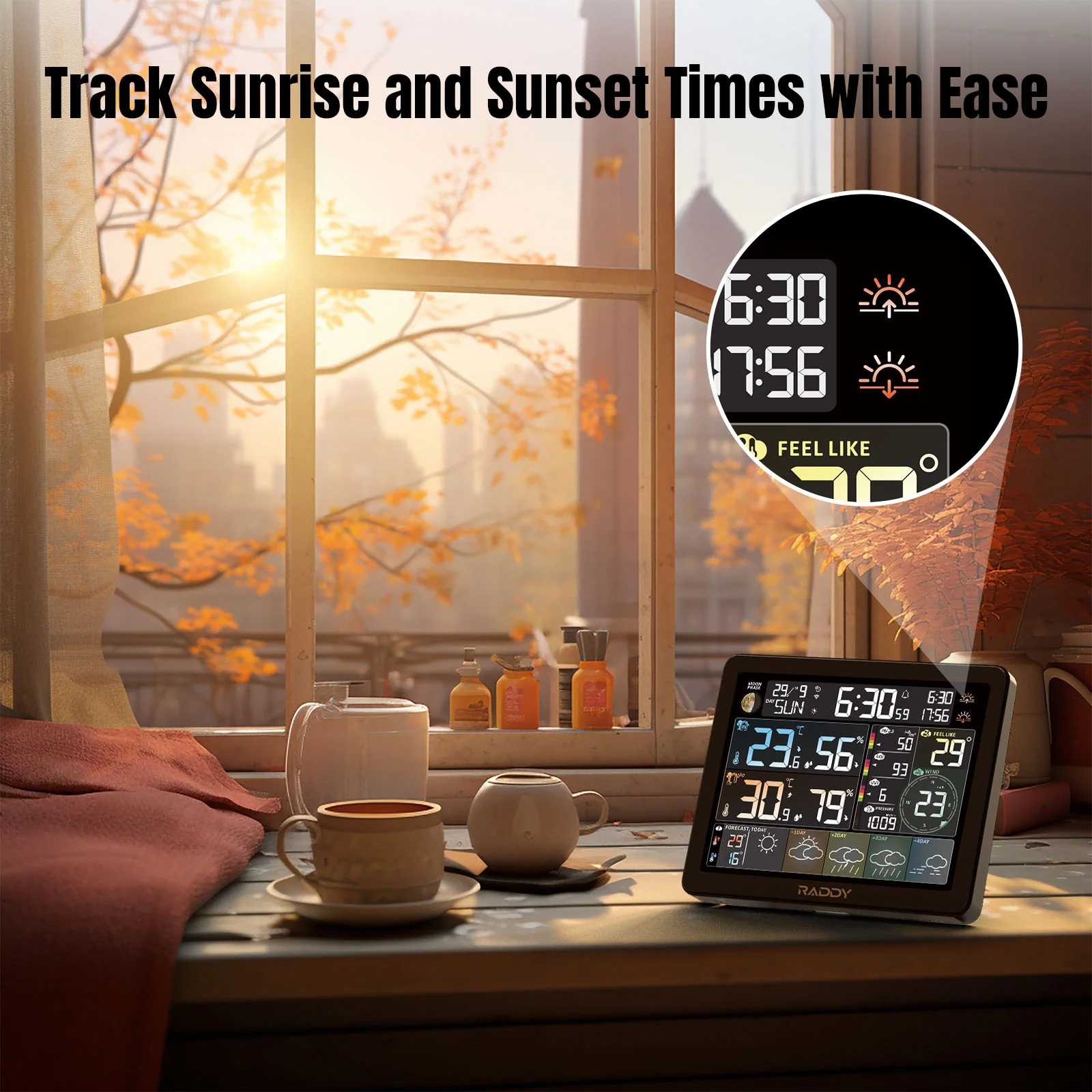 Raddy N80 Smart Wi-Fi Weather Station | APP Control | 8”Large Display | Sunset/Sunrise Time | PM2.5/AQI/UV Index | Customized Alarm Clocks - Image 6