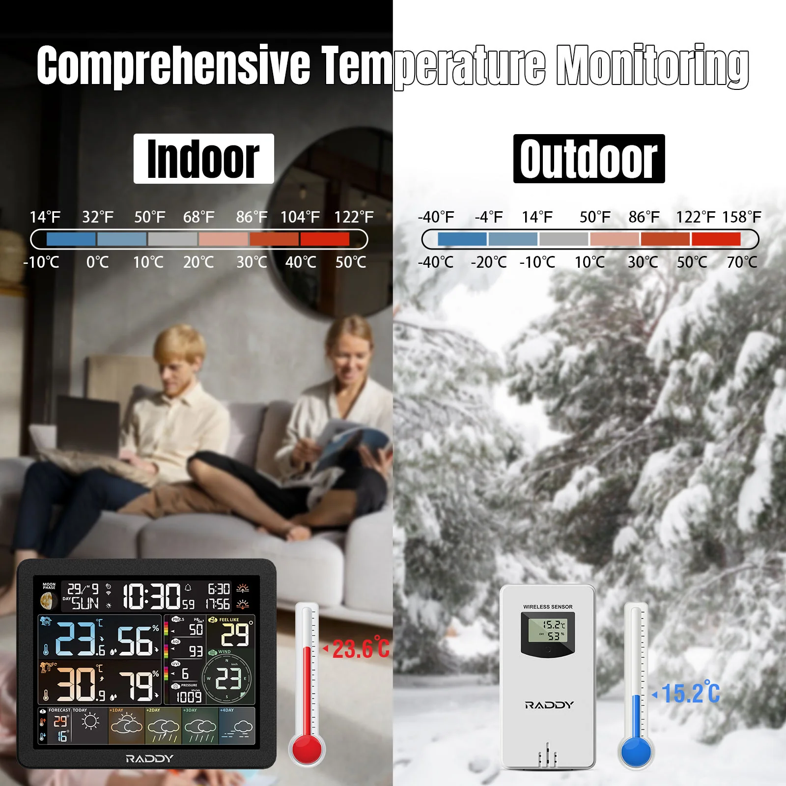 Raddy N80 Smart Wi-Fi Weather Station | APP Control | 8”Large Display | Sunset/Sunrise Time | PM2.5/AQI/UV Index | Customized Alarm Clocks - Image 8