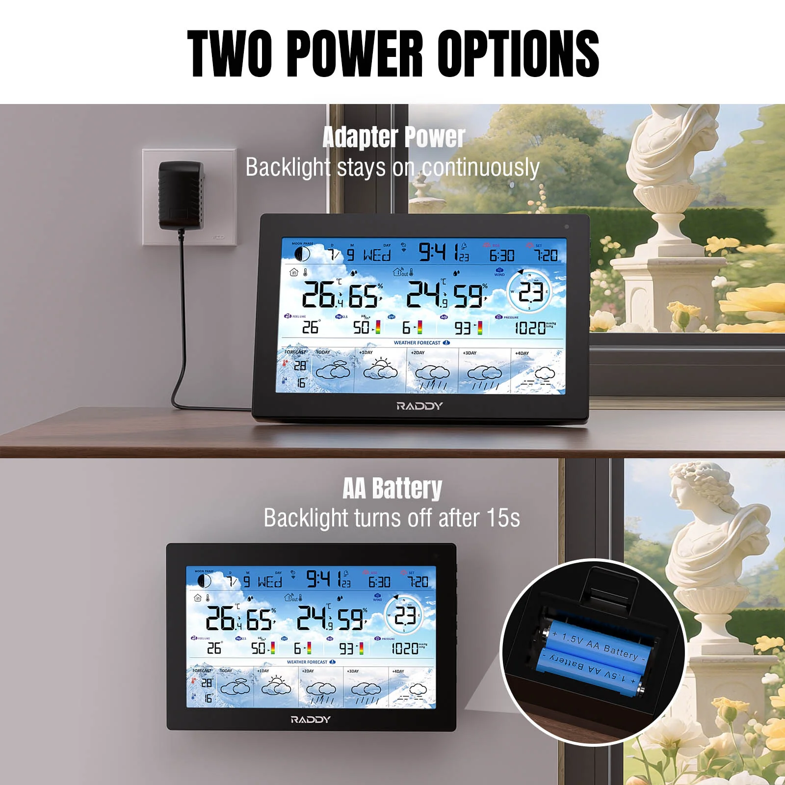 Raddy N90 Wi-Fi Weather Station | 8.8" HTN Display | Smart App Connectivity | Temp & Humidity Monitor | PM2.5/AQI/UVI | 5-Day Forecast | Sunrise/Sunset Time - Image 10
