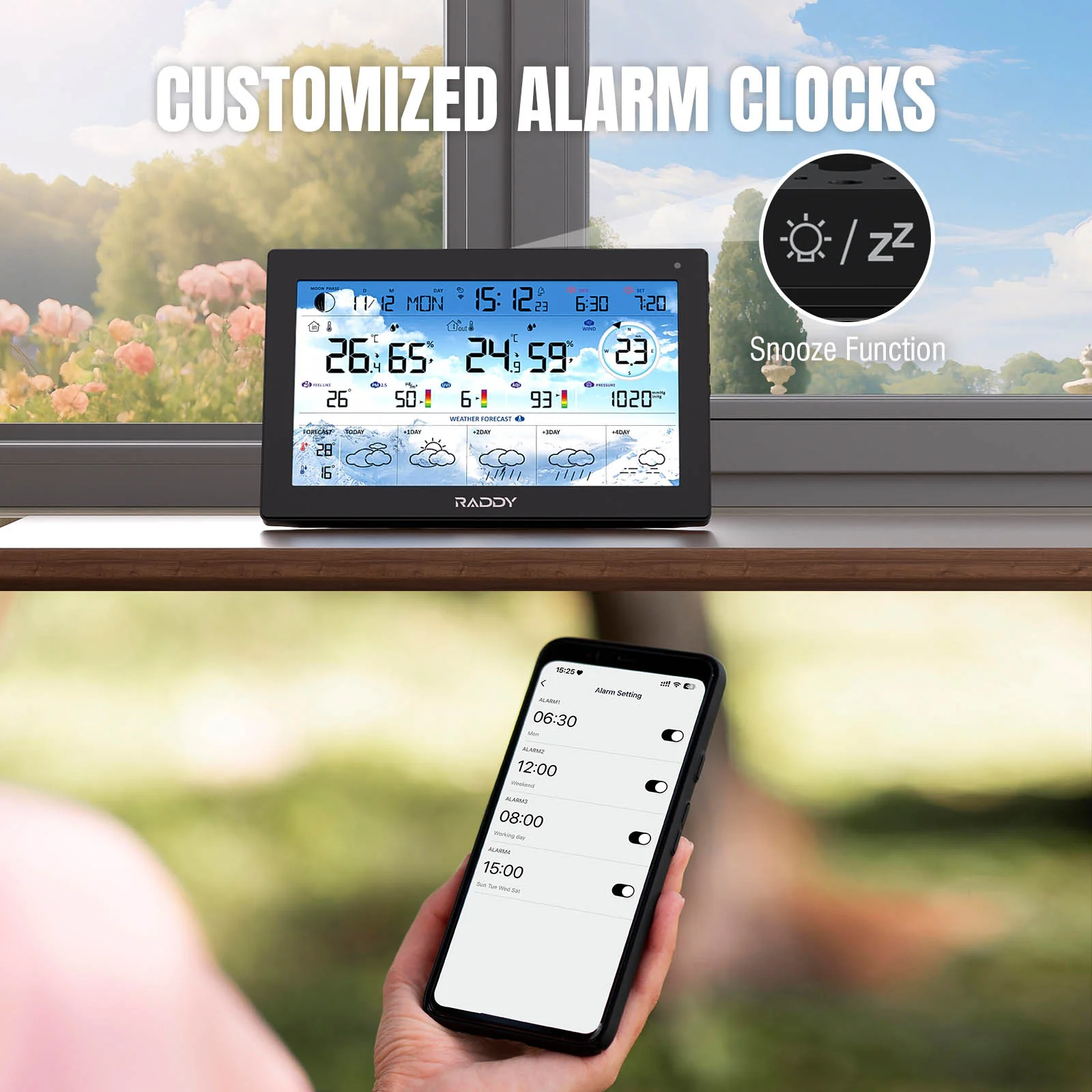 Raddy N90 Wi-Fi Weather Station | 8.8" HTN Display | Smart App Connectivity | Temp & Humidity Monitor | PM2.5/AQI/UVI | 5-Day Forecast | Sunrise/Sunset Time - Image 5