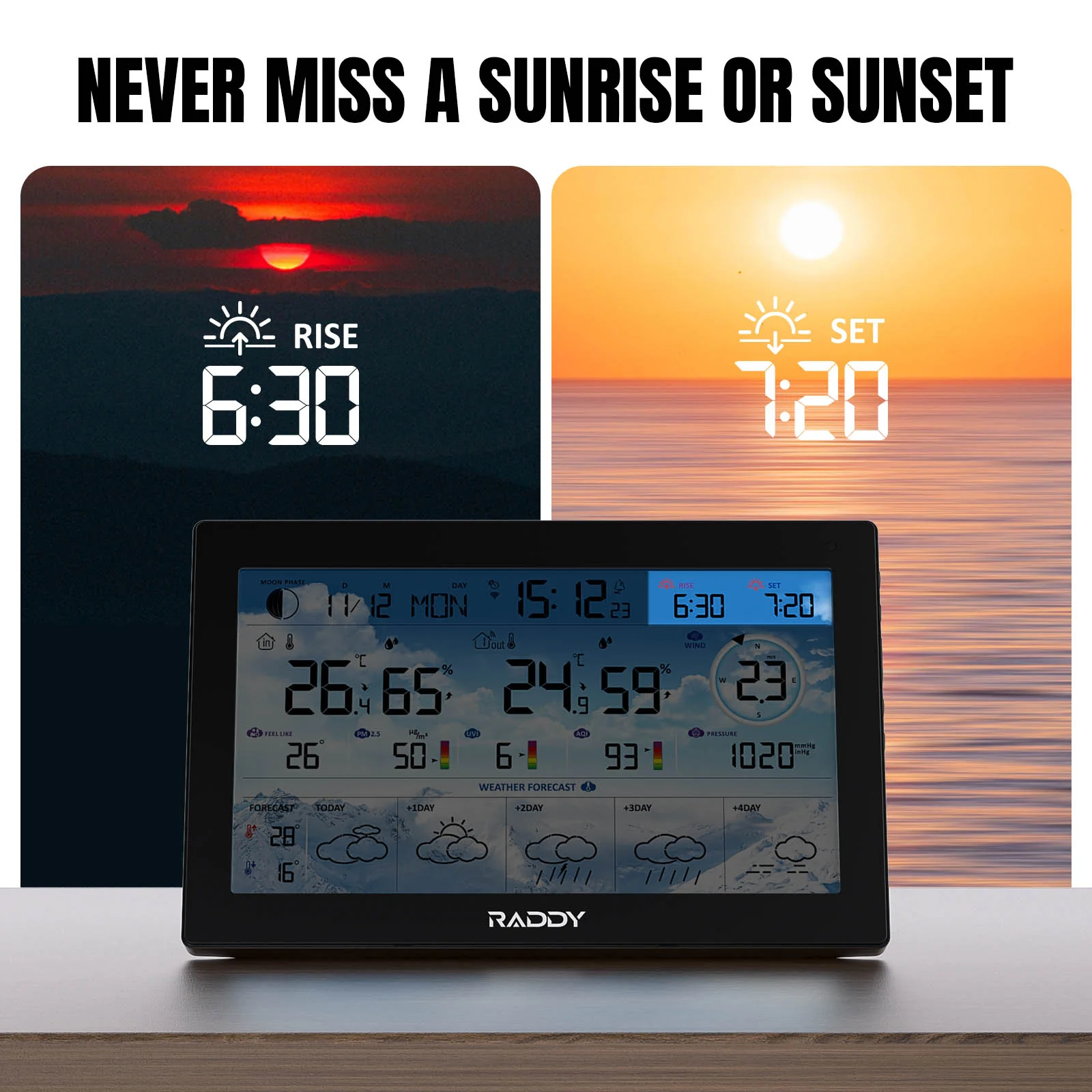 Raddy N90 Wi-Fi Weather Station | 8.8" HTN Display | Smart App Connectivity | Temp & Humidity Monitor | PM2.5/AQI/UVI | 5-Day Forecast | Sunrise/Sunset Time - Image 6