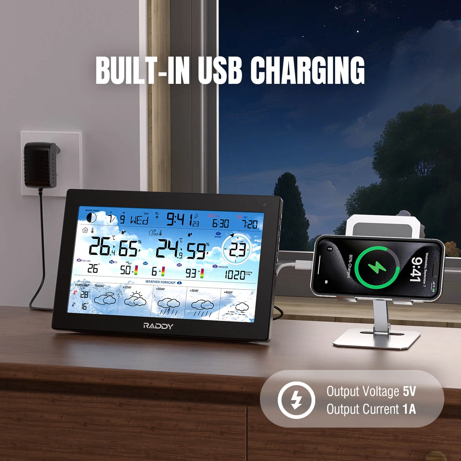 Raddy N90 Wi-Fi Weather Station | 8.8" HTN Display | Smart App Connectivity | Temp & Humidity Monitor | PM2.5/AQI/UVI | 5-Day Forecast | Sunrise/Sunset Time - Image 7