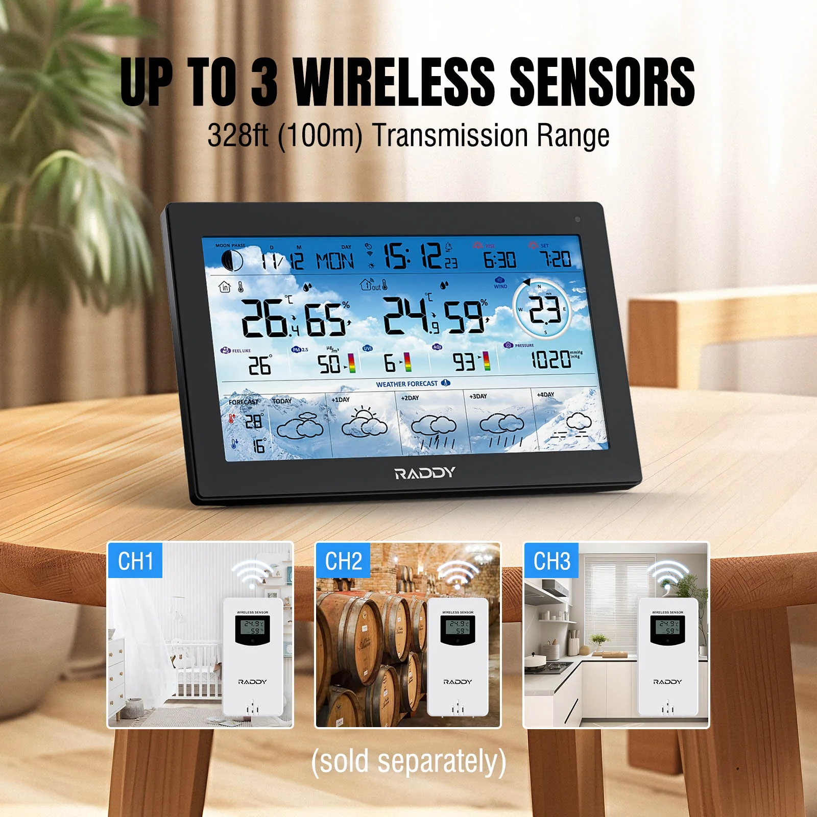 Raddy N90 Wi-Fi Weather Station | 8.8" HTN Display | Smart App Connectivity | Temp & Humidity Monitor | PM2.5/AQI/UVI | 5-Day Forecast | Sunrise/Sunset Time - Image 8