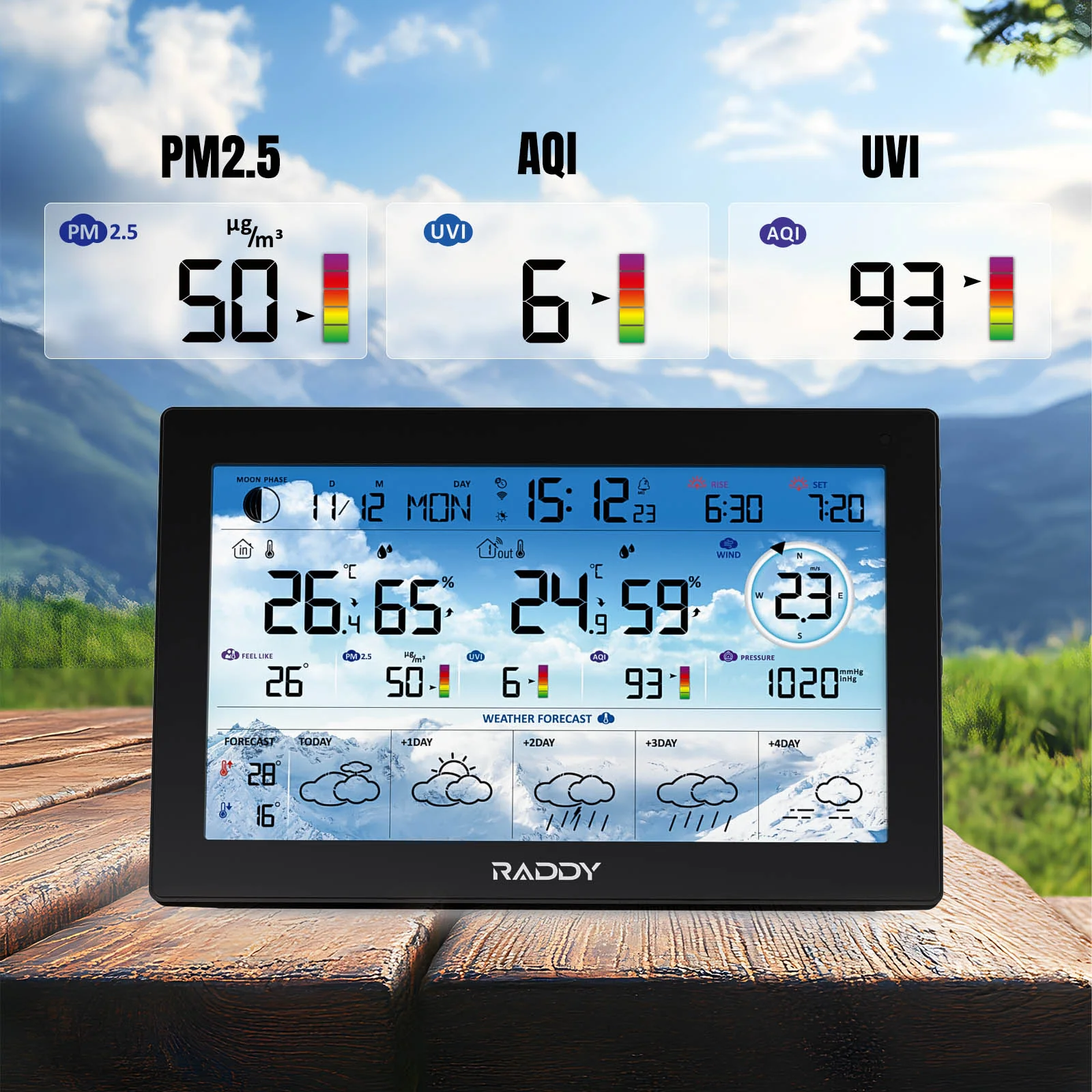 Raddy N90 Wi-Fi Weather Station | 8.8" HTN Display | Smart App Connectivity | Temp & Humidity Monitor | PM2.5/AQI/UVI | 5-Day Forecast | Sunrise/Sunset Time - Image 9
