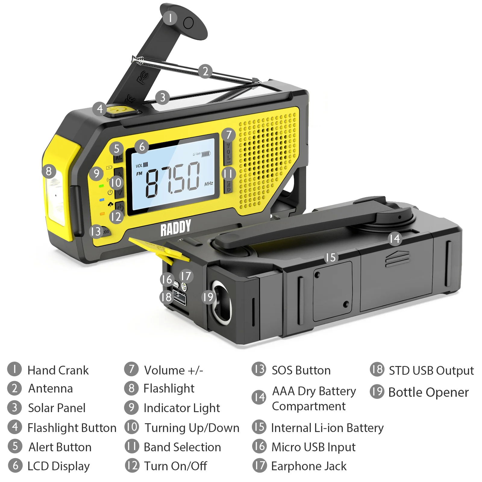 Raddy NW3 Emergency Weather Radio | NOAA Alert | Hand Crank Solar Power [DISCONTINUED] - Image 8