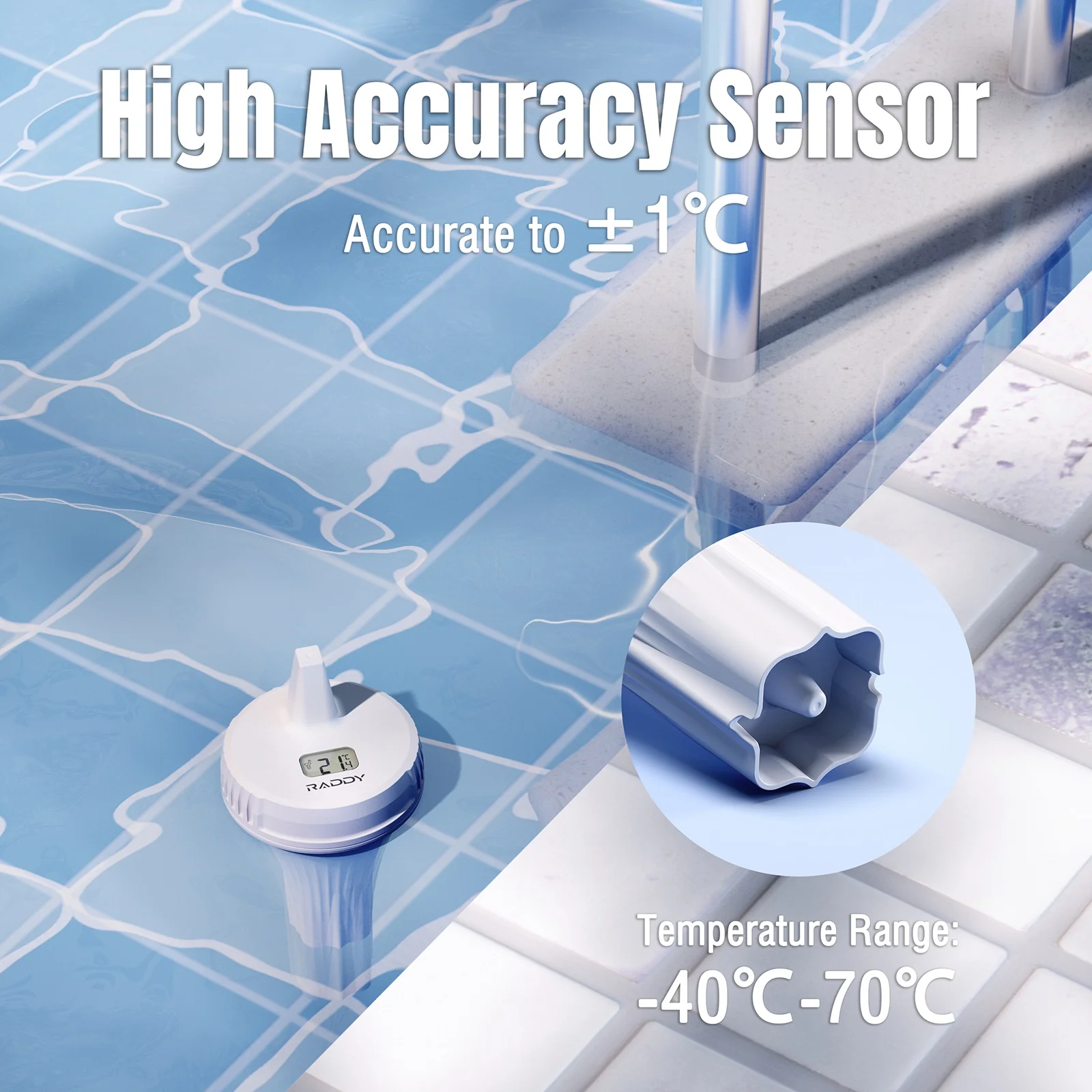 Raddy PT-2 Wireless Pool Thermometer | IPX7 | Alarm Clock | Water Comfort Level | for Pool Hot Tub Bathtub - Image 3