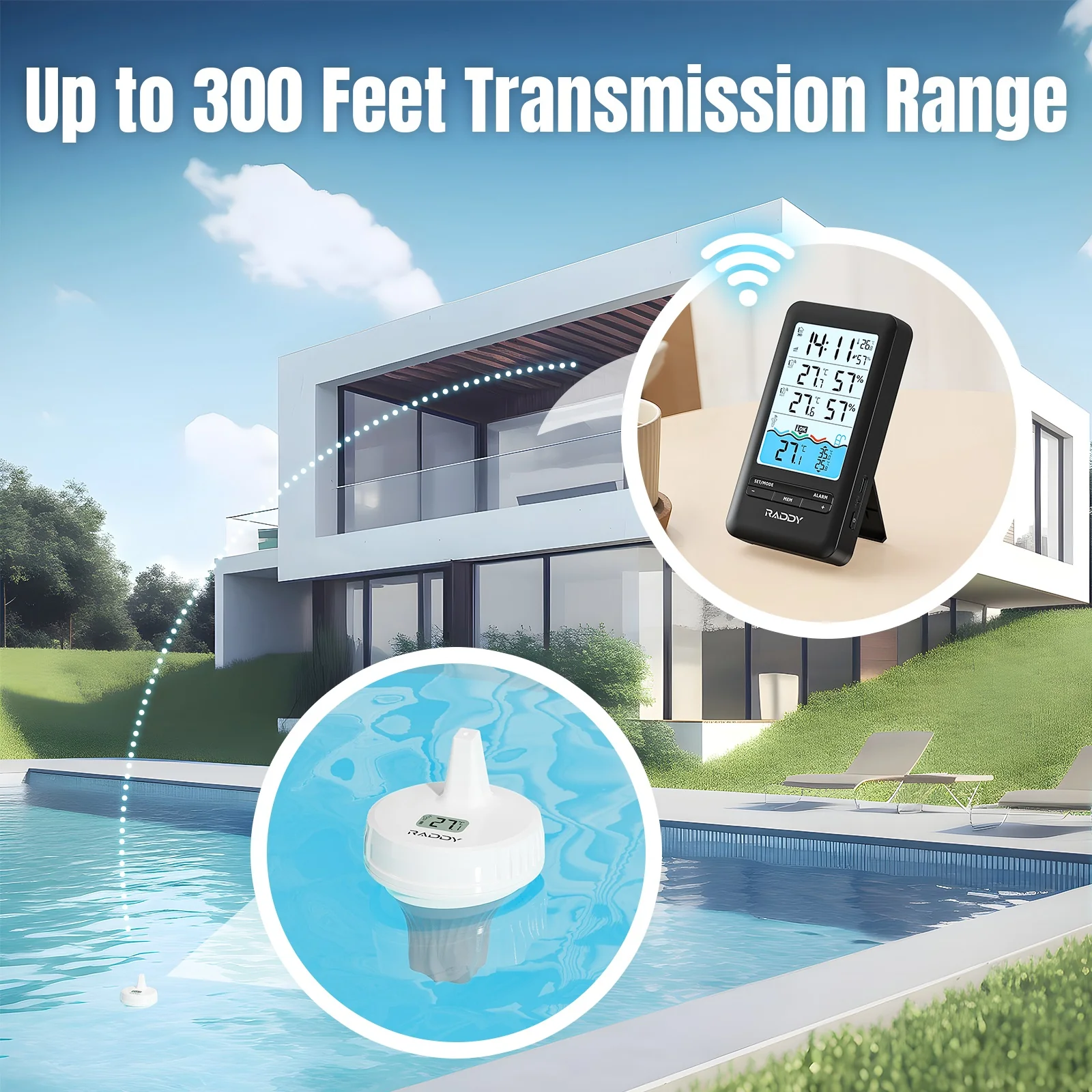 Raddy PT-3 Wi-Fi Pool Thermometer | LCD Display | IPX7 Waterproof | APP Remote Monitor | Rechargeable | Additional Remote Sensors - Image 2