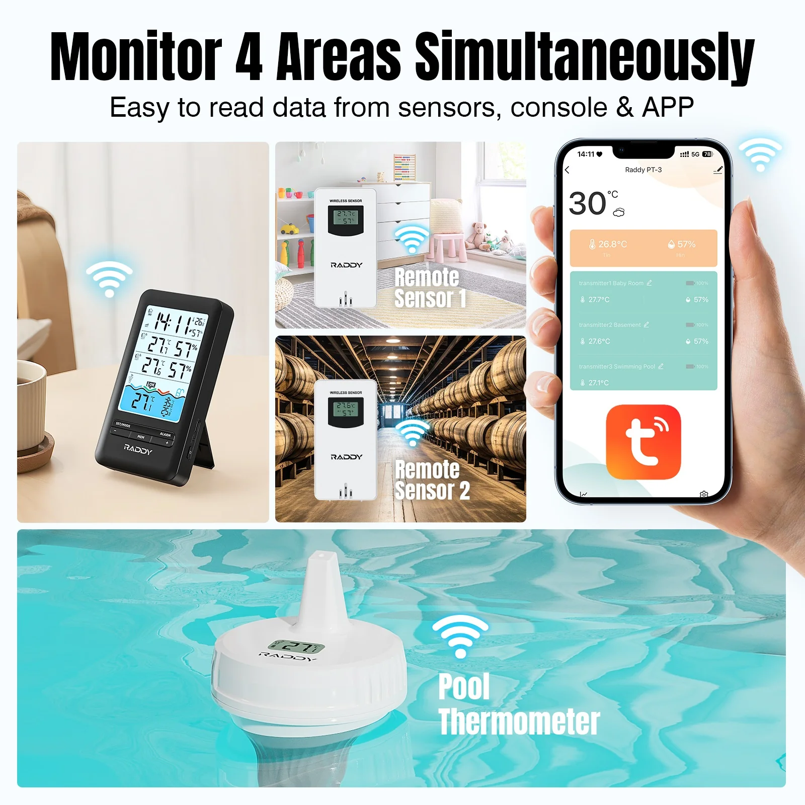 Raddy PT-3 Wi-Fi Pool Thermometer | LCD Display | IPX7 Waterproof | APP Remote Monitor | Rechargeable | Additional Remote Sensors - Image 3
