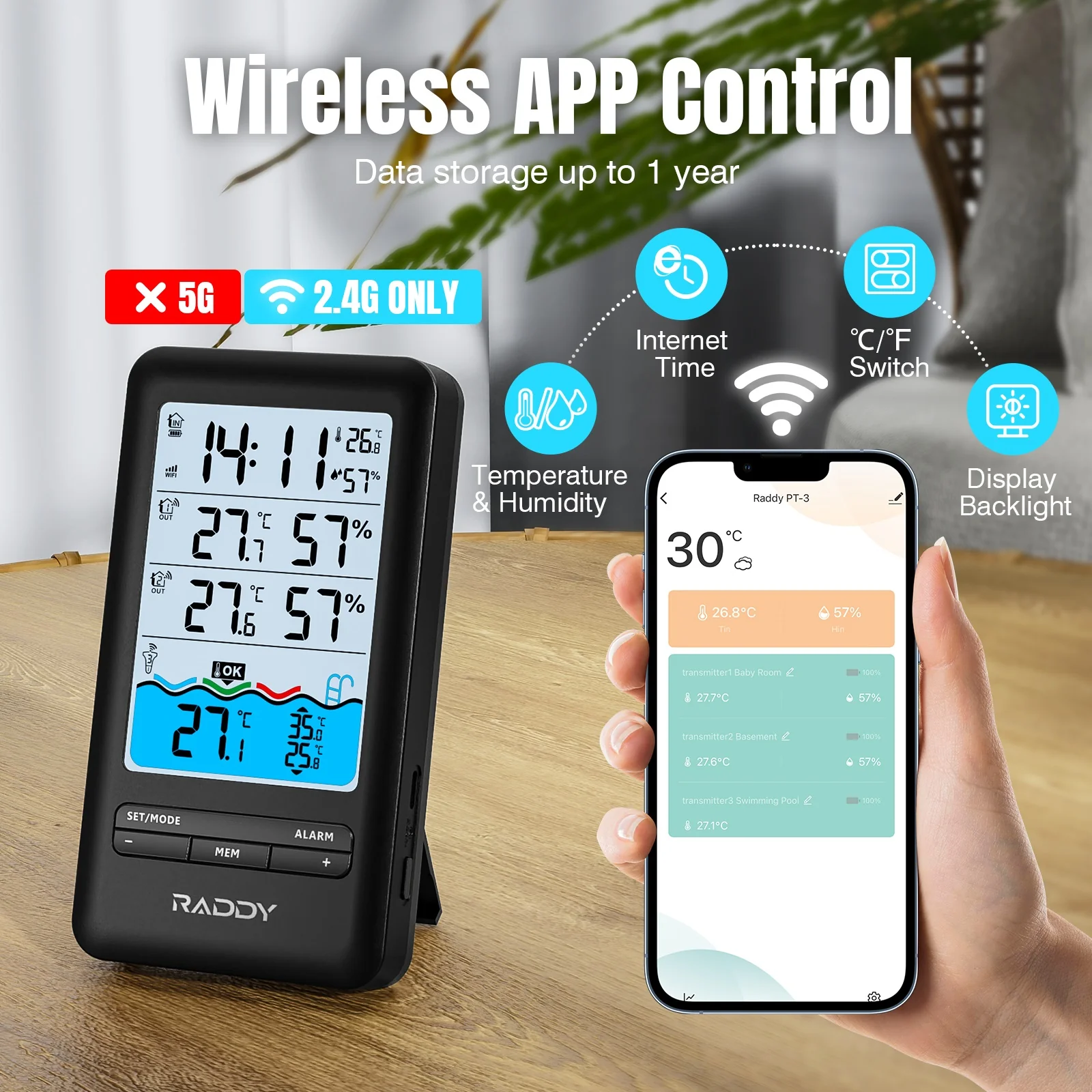 Raddy PT-3 Wi-Fi Pool Thermometer | LCD Display | IPX7 Waterproof | APP Remote Monitor | Rechargeable | Additional Remote Sensors - Image 4
