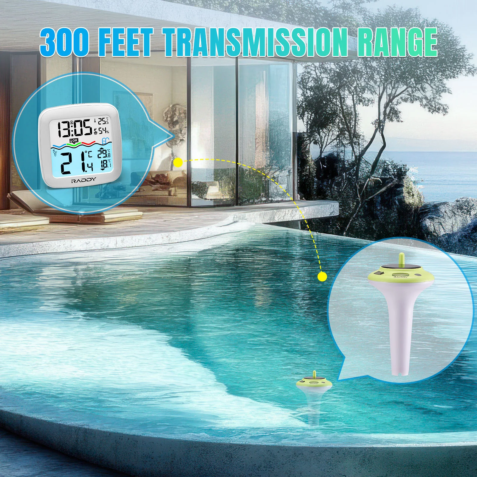 Raddy PT-5/PT-5 TN Solar Pool Thermometer | IPX8 | Solar & Battery Powered | Alarm Clock | Temperature Humidity Monitor - Image 2