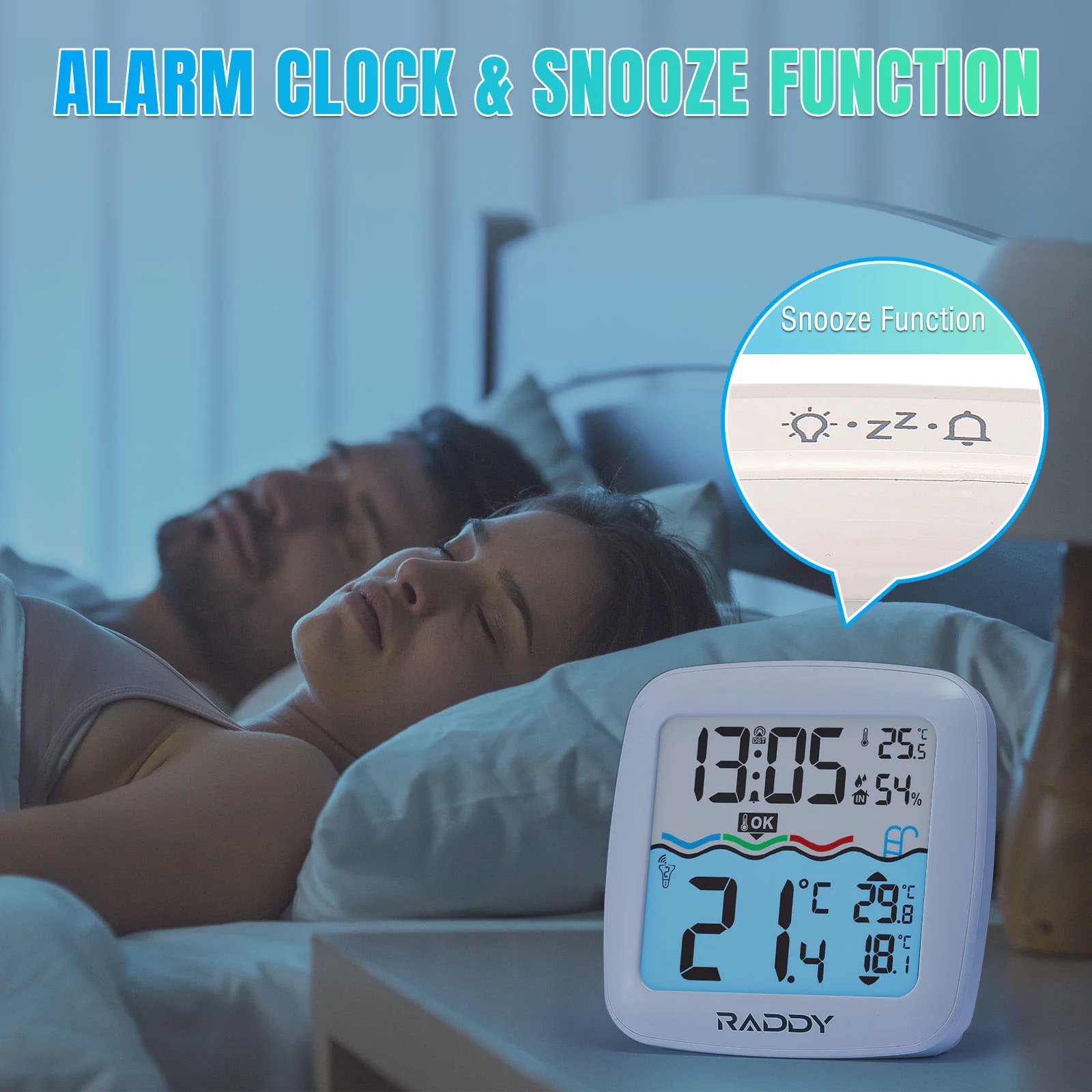 Raddy PT-5/PT-5 TN Solar Pool Thermometer | IPX8 | Solar & Battery Powered | Alarm Clock | Temperature Humidity Monitor - Image 3