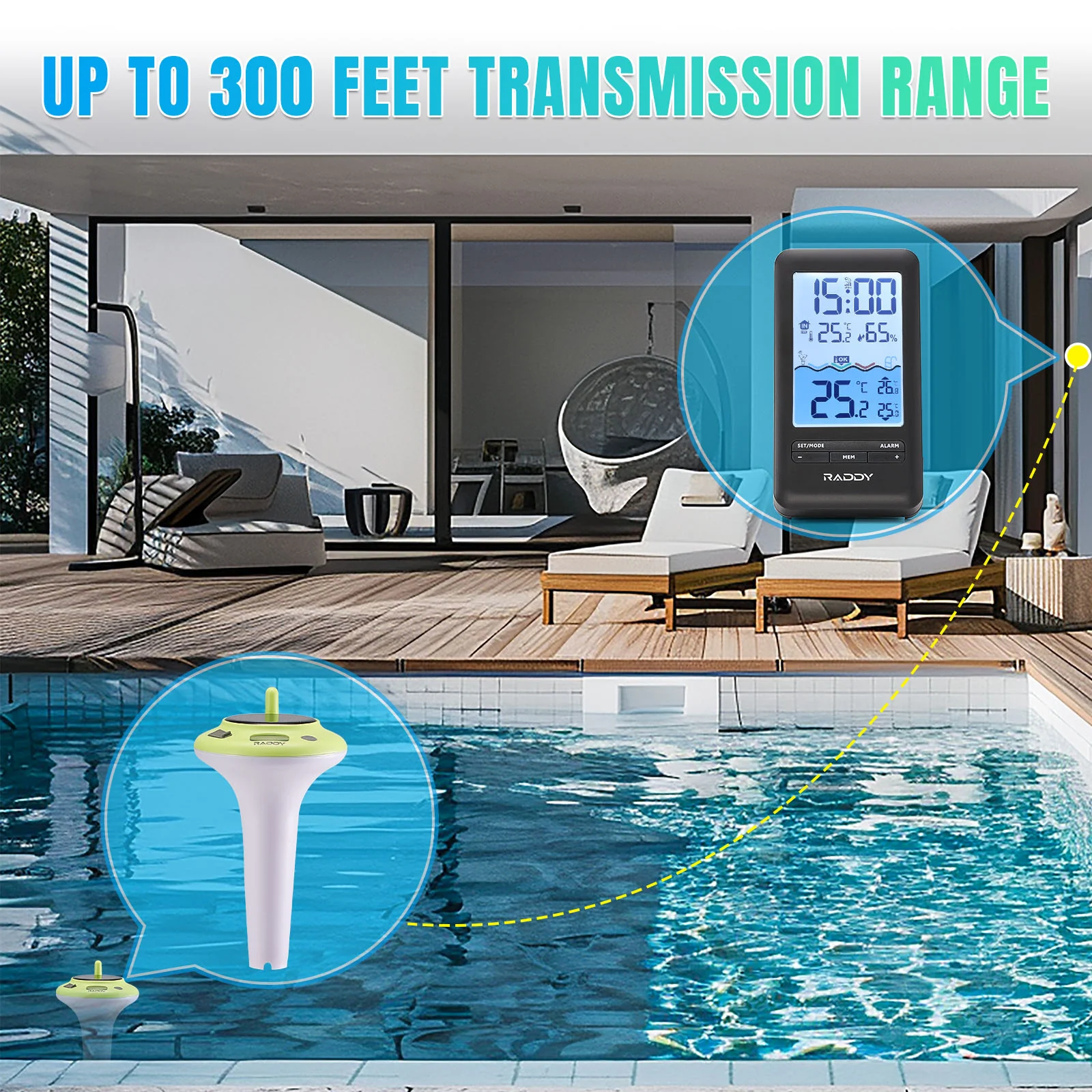 Raddy PT-5 Wi-Fi Pool Thermometer | IPX8 Waterproof | APP Remote Monitoring | Solar & USB-C Rechargeable | For Hot Tub Spa & Swimming Pool - Image 2