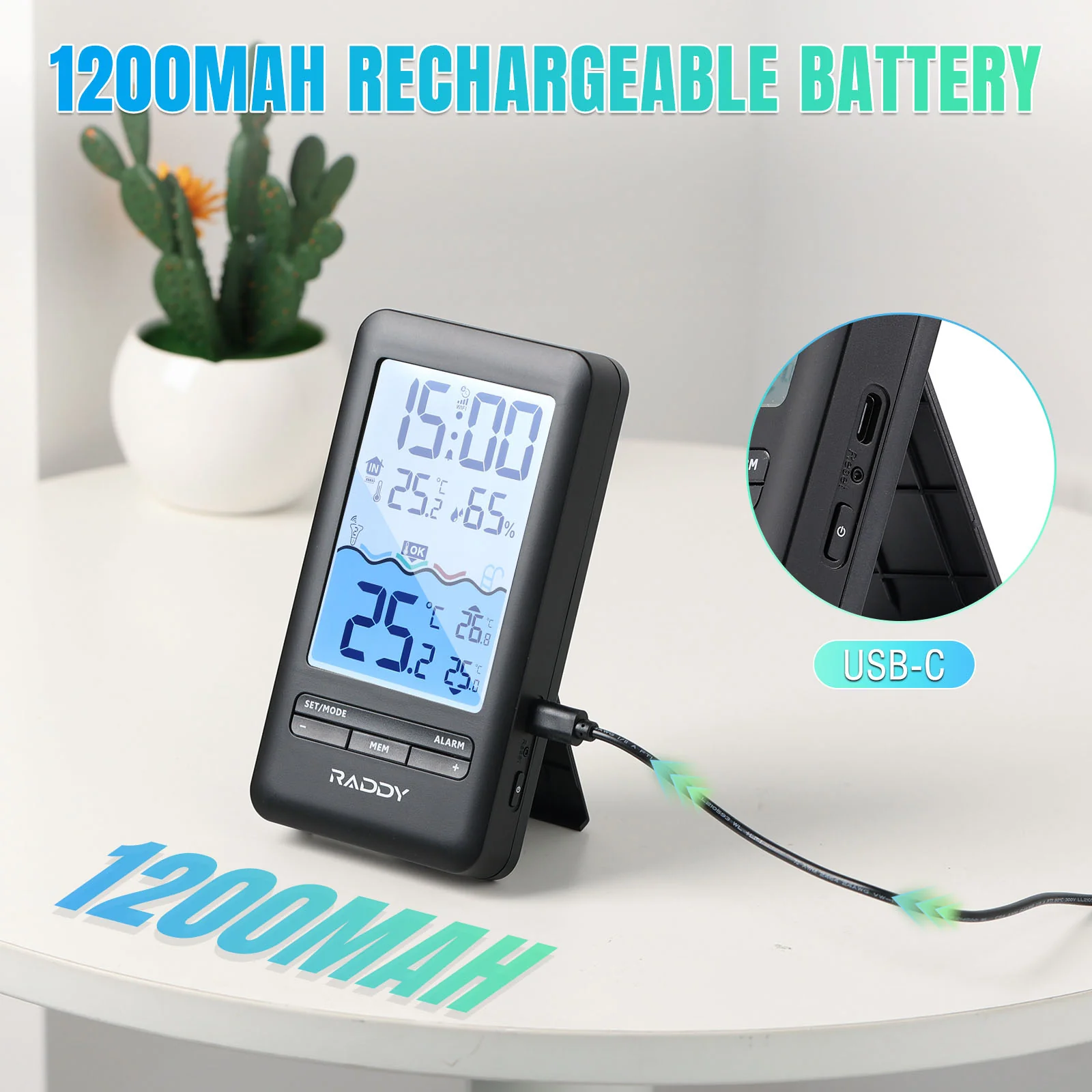 Raddy PT-5 Wi-Fi Pool Thermometer | IPX8 Waterproof | APP Remote Monitoring | Solar & USB-C Rechargeable | For Hot Tub Spa & Swimming Pool - Image 4