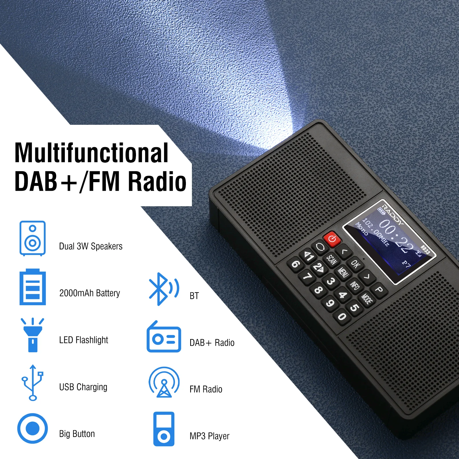 Raddy RD33 Tragbares FM DAB Radio | Digitales Wiederaufladbares | MP3 Musik-Wiedergabe | Unterstützung von Bluetooth [DISCONTINUED] - Image 2